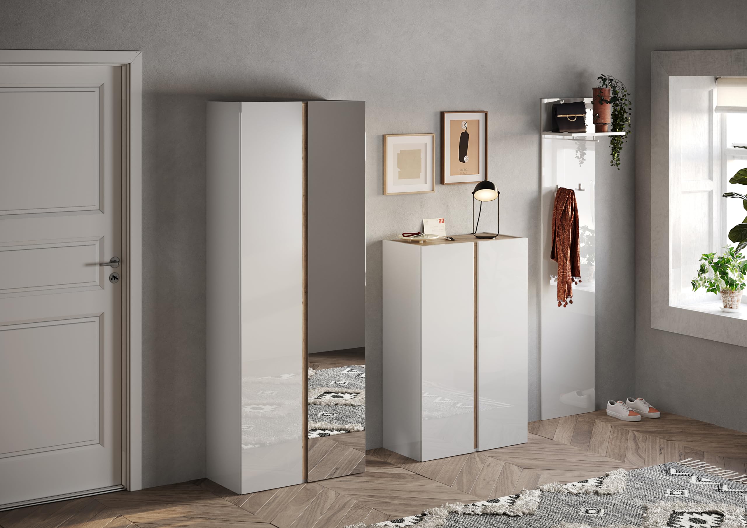 Web Convenienza Scarpiera Moderna Doppia Anta Made in Italy 1 Anta a Specchio e 8 Ripiani - Scarpiera da Ingresso, Soggiorno Camera da Letto - Dimensioni 70x185x35 cm (Bianco Lucido - Kadiz)