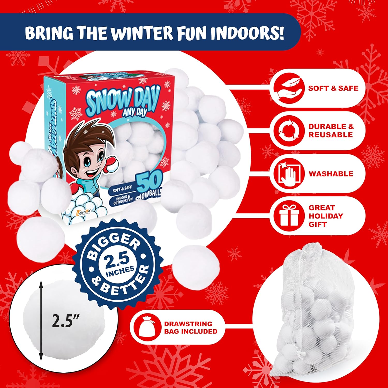 Giraffe 50 Pack Jumbo Fun Fake Snowball for Kids 2.5 Inches - Artificial Snowballs Bulk for Indoor and Outdoor - Snow Ball for Decorations, Winter Toy Games Fights - Fun Christmas Party Activities