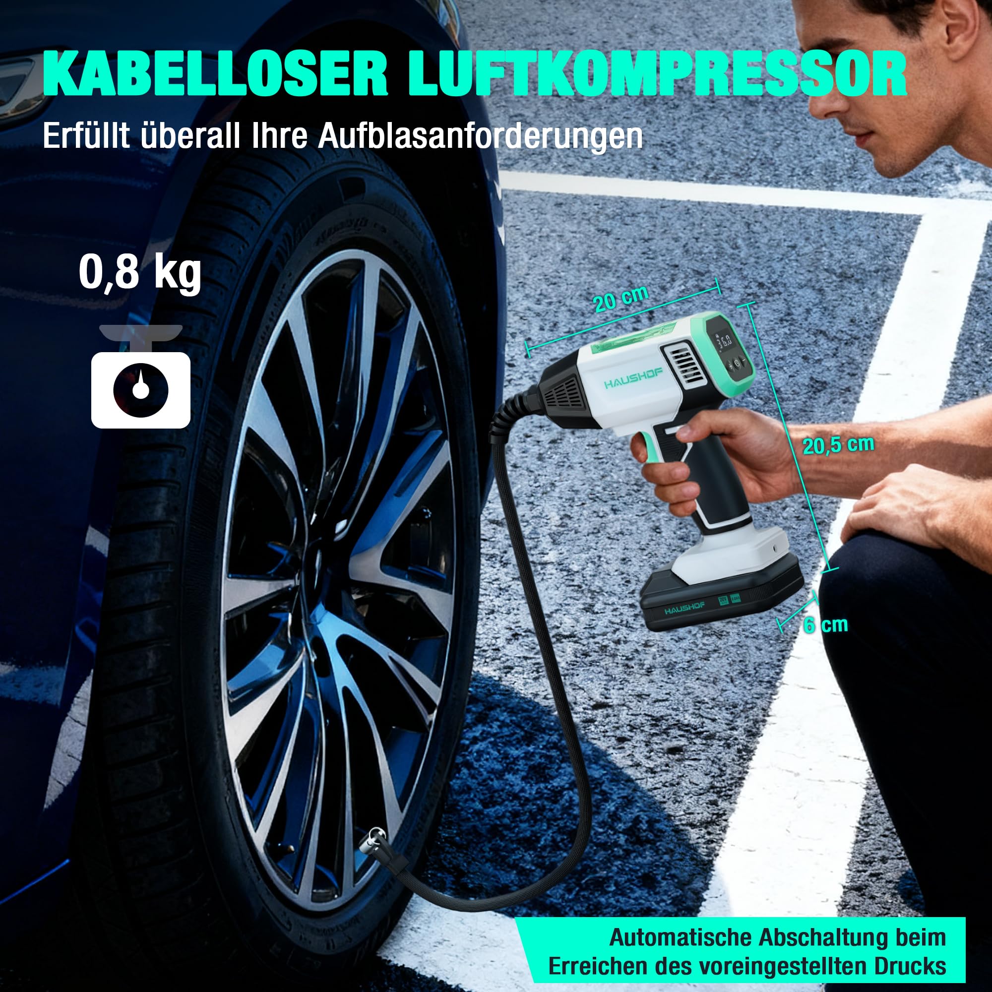 HAUSHOF Akku Luftkompressor 150 PSI (10,3 bar), Tragbare Luftpumpe mit 4 Modi + Manueller Modus, 20V 2000mAh Kabelloser Kompressor, Digitales Display, Auto-Abschaltung für Reifen, Motorrad, Fahrrad