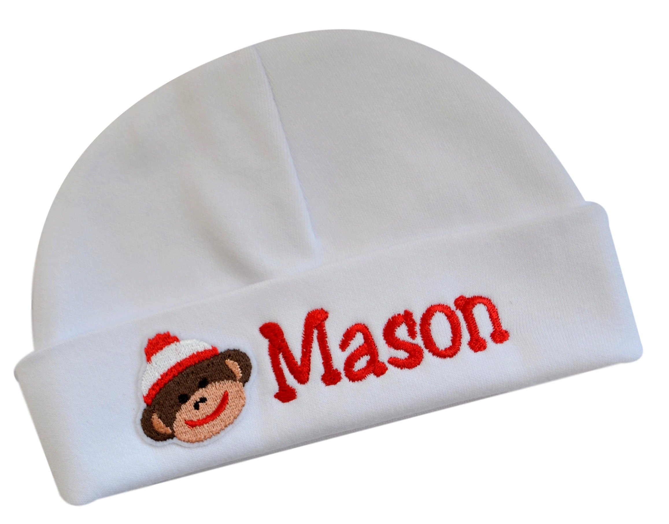 Funny Girl Designs Embroidered Baby Boy or Girl Personalized Keepsake Custom Infant Hat with Sock Monkey (Boy Monkey)