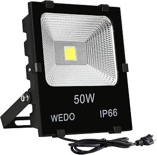 WEDO 50W Ultra Bright Outdoor LED Flood Light Scale-Like Reflector IP66 Waterproof Yard Garden Security Lights with US-3 Plug Daylight White, 6500K