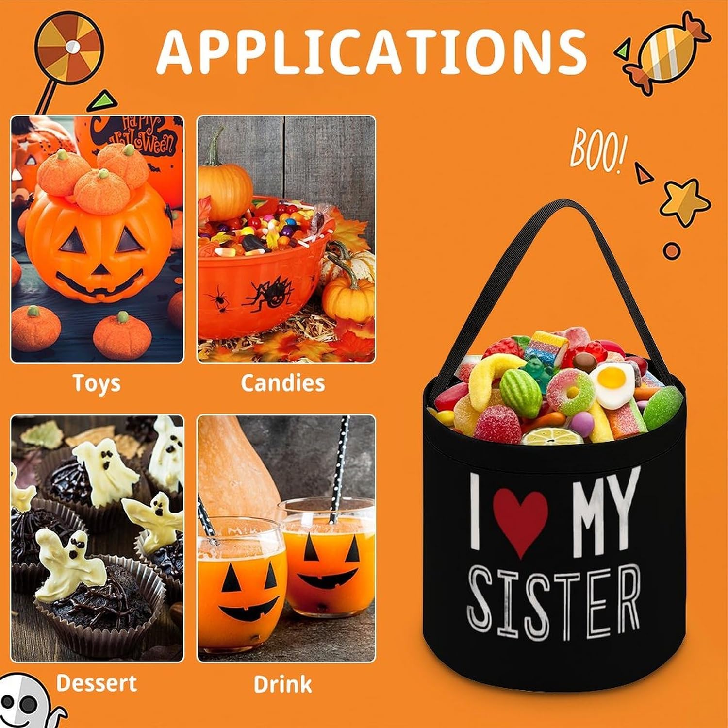 I Love My Sister Halloween Basket Candy Tote Bag Easter Bucket image 5