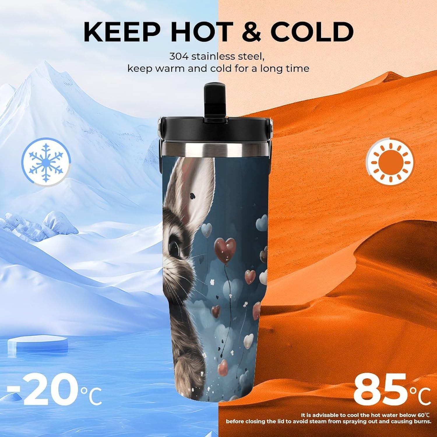 30oz Insulated Tumblers with Top Handle, Stainless Steel Heart Shape And Bunny Car Cup with Straw for Gift, Leak-Proof Double Wall Vacuum Travel Mug, Personalized Water Bottles Black