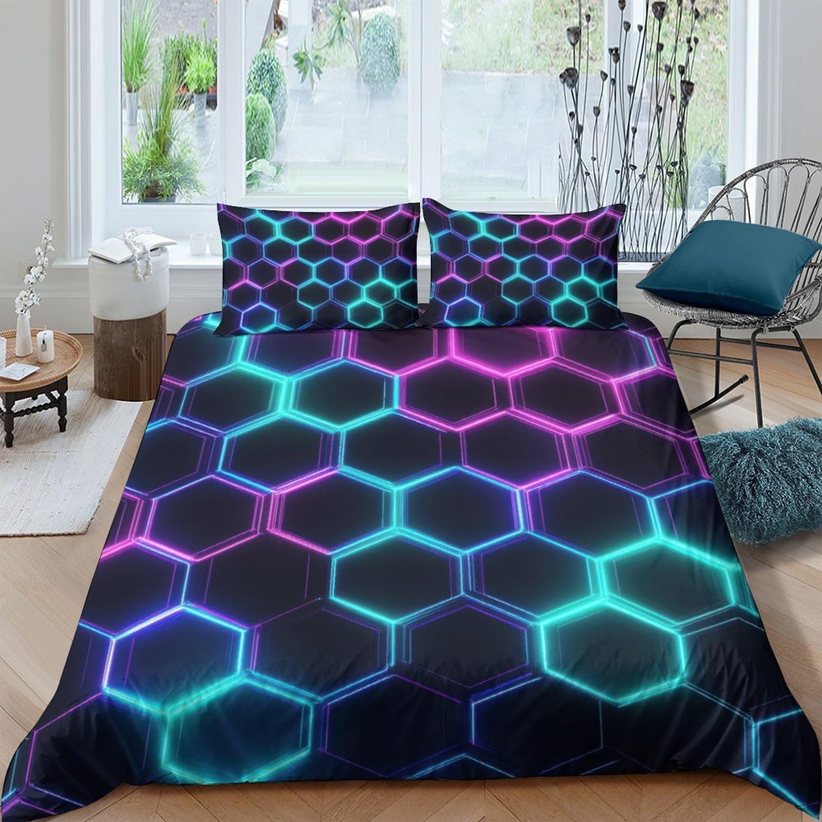 Ctjqhvkz Style-10 3D Printed Neon Hexagon Fitted Sheet Microfiber Soft Bedroom Decor Gradient Honeycomb Mattress Cover Single（135X200cm）