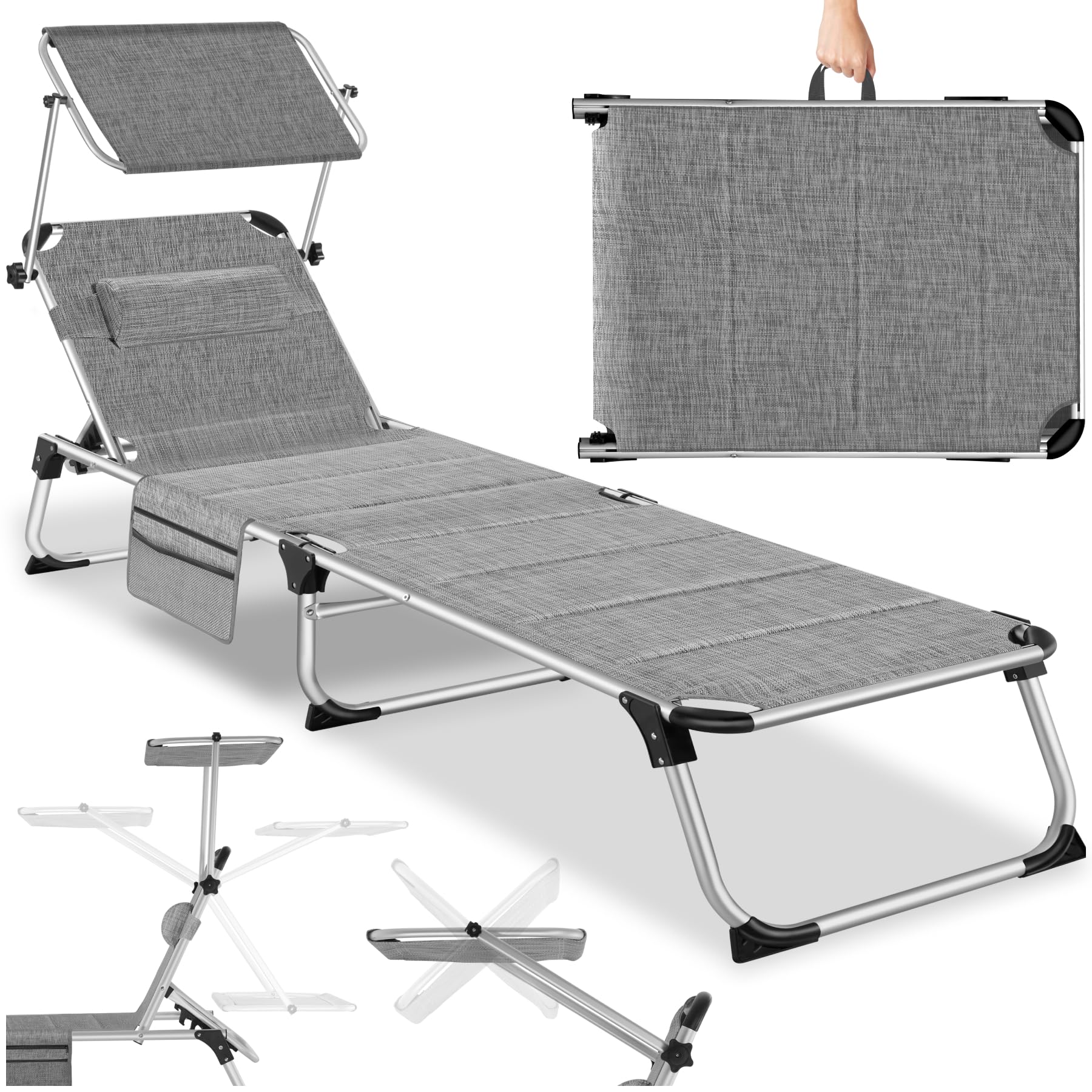 Tectake® Tumbona de Jardín Exterior de Aluminio Plegable Con Reposacabezas, Parasol y Bolsillo Lateral - Reclinable 6 Posiciones, Resistente a Intemperie - Gris Jaspeado