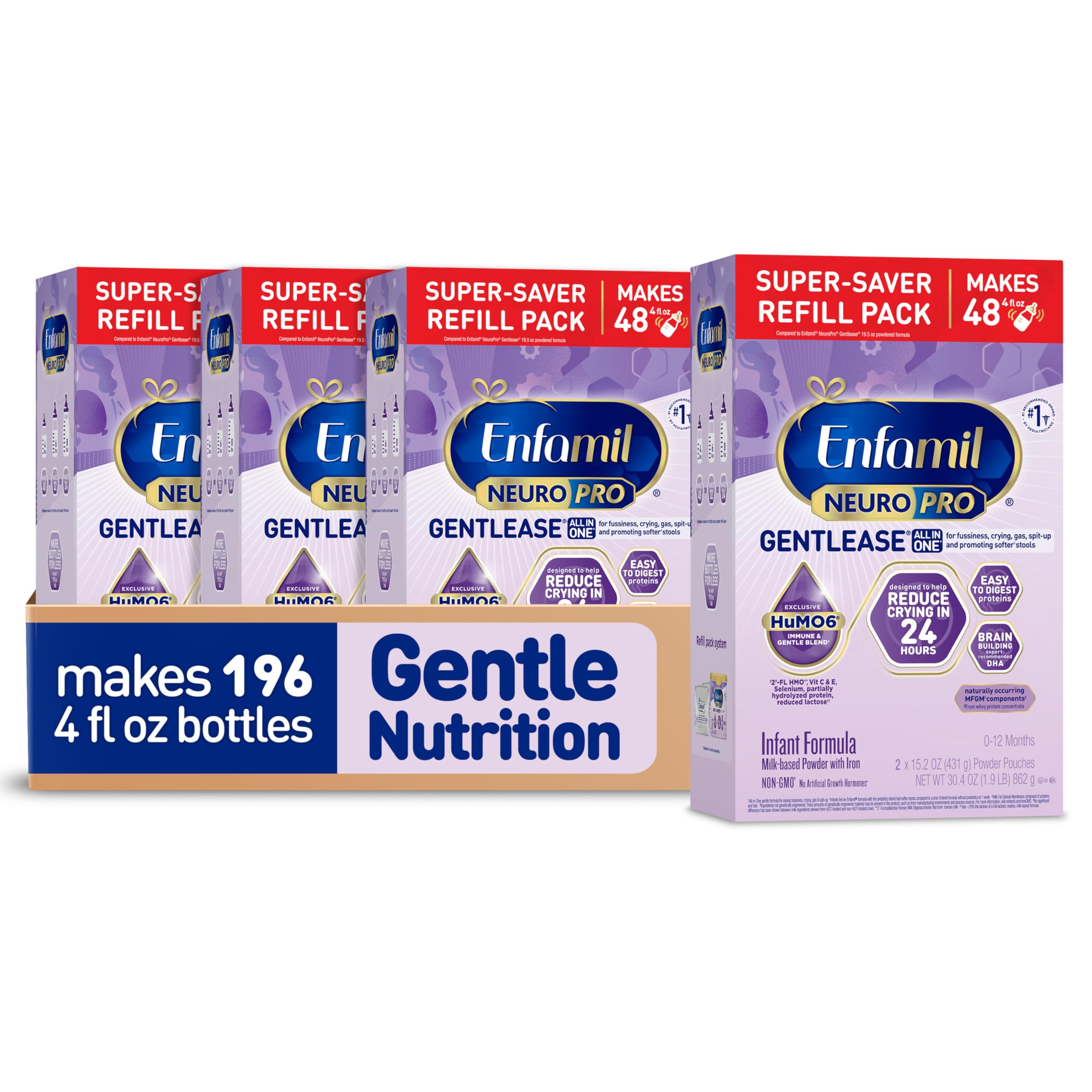 EnfamilNeuroPro Gentlease Baby Formula, Brain Building DHA, HuMO6 Immune Blend, Designed to Reduce Fussiness, Crying, Gas & Spit-up in 24 Hrs, has Prebiotics to Promote Softer Stools, Baby Milk, 30.4 Oz (Pack of 4)