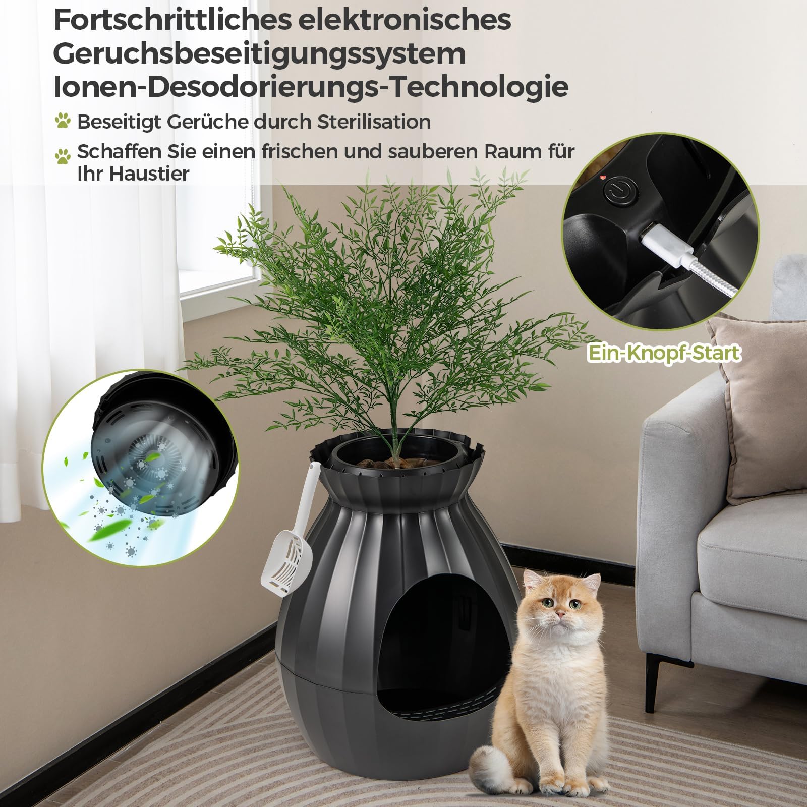 FANTASK Caja de Arena para Gatos, 50 x 50 x 59 cm, con Sistema electrónico de eliminación de olores, Estilo Maceta con Planta Artificial y guijarros, Caja de Arena Negra