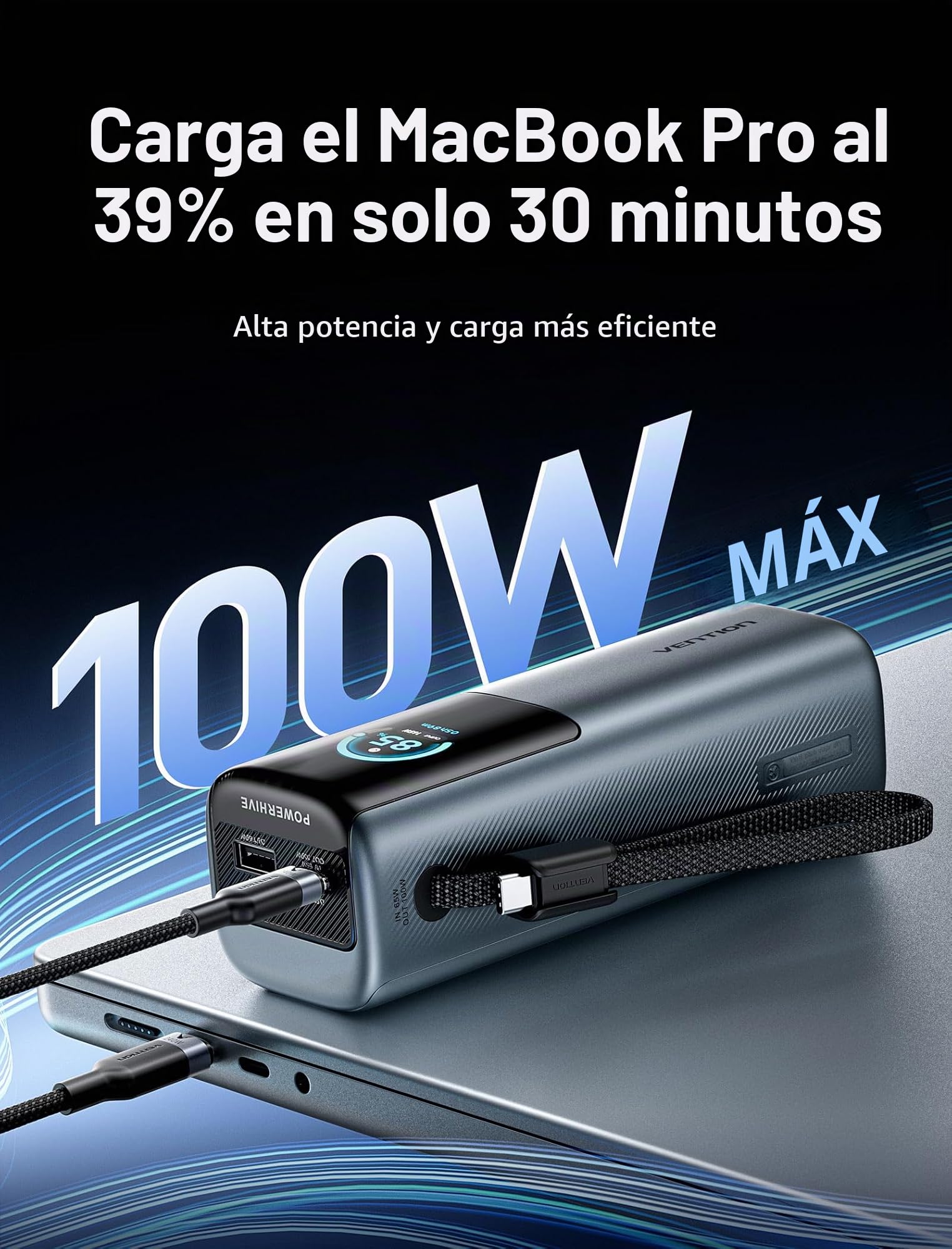 VENTION Power Bank 20000 mAh 165W, batería Externa Carga rápida con Pantalla Digital y animación Emoji, Cable USB-C Integrado, 2×100W USB-C + USB-A, para MacBook Pro, DELL/HP, iPhone 17/16/15, Galaxy