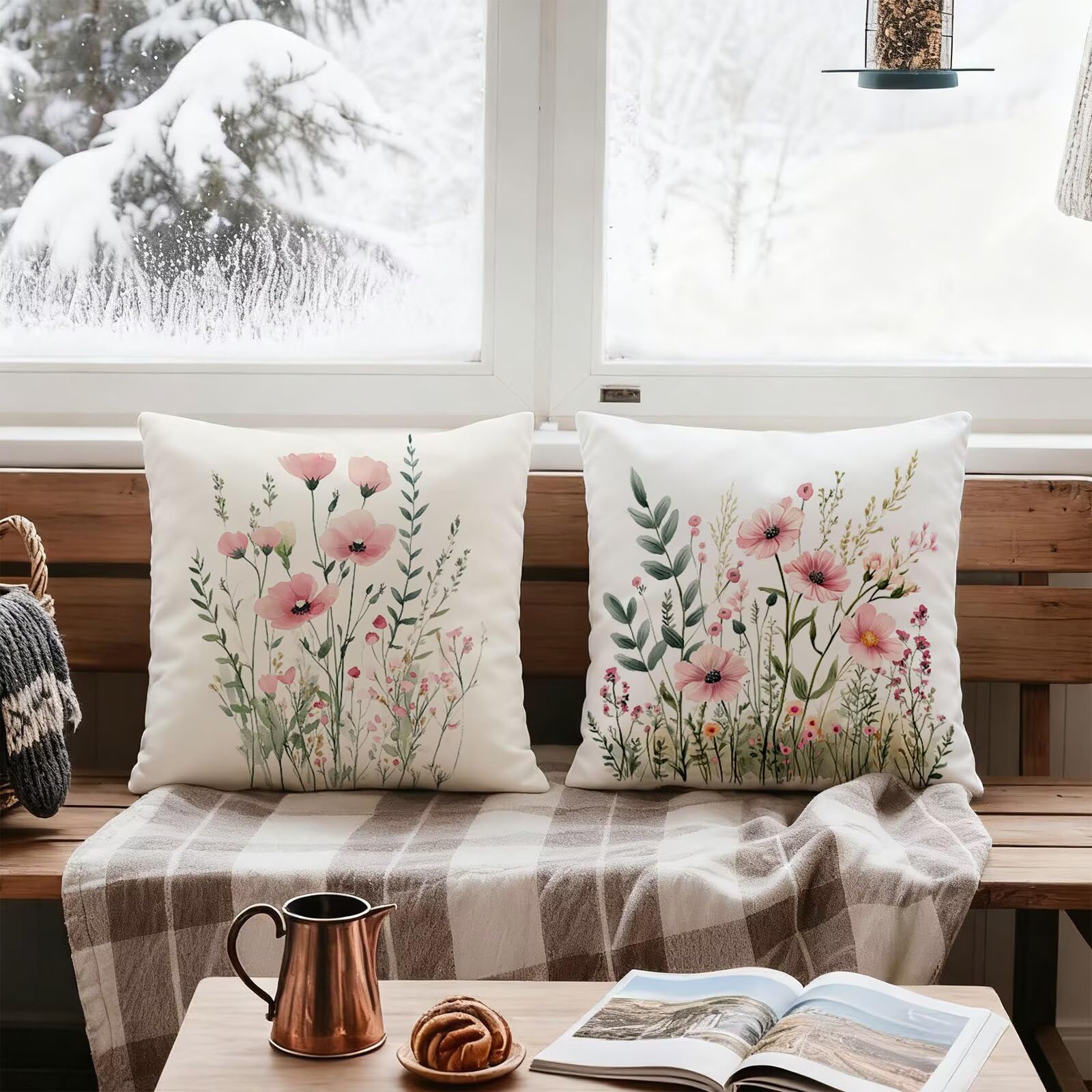 Rose Housse Coussin 60x60 Fleur Taie Oreiller 60x60 Lot de 4 Super Doux Protege Oreiller 60 x 60 Decoration Automne Taie D'oreiller Carrées Coussin Canape, pour Maison Chambre Canapé Chaise E - 602