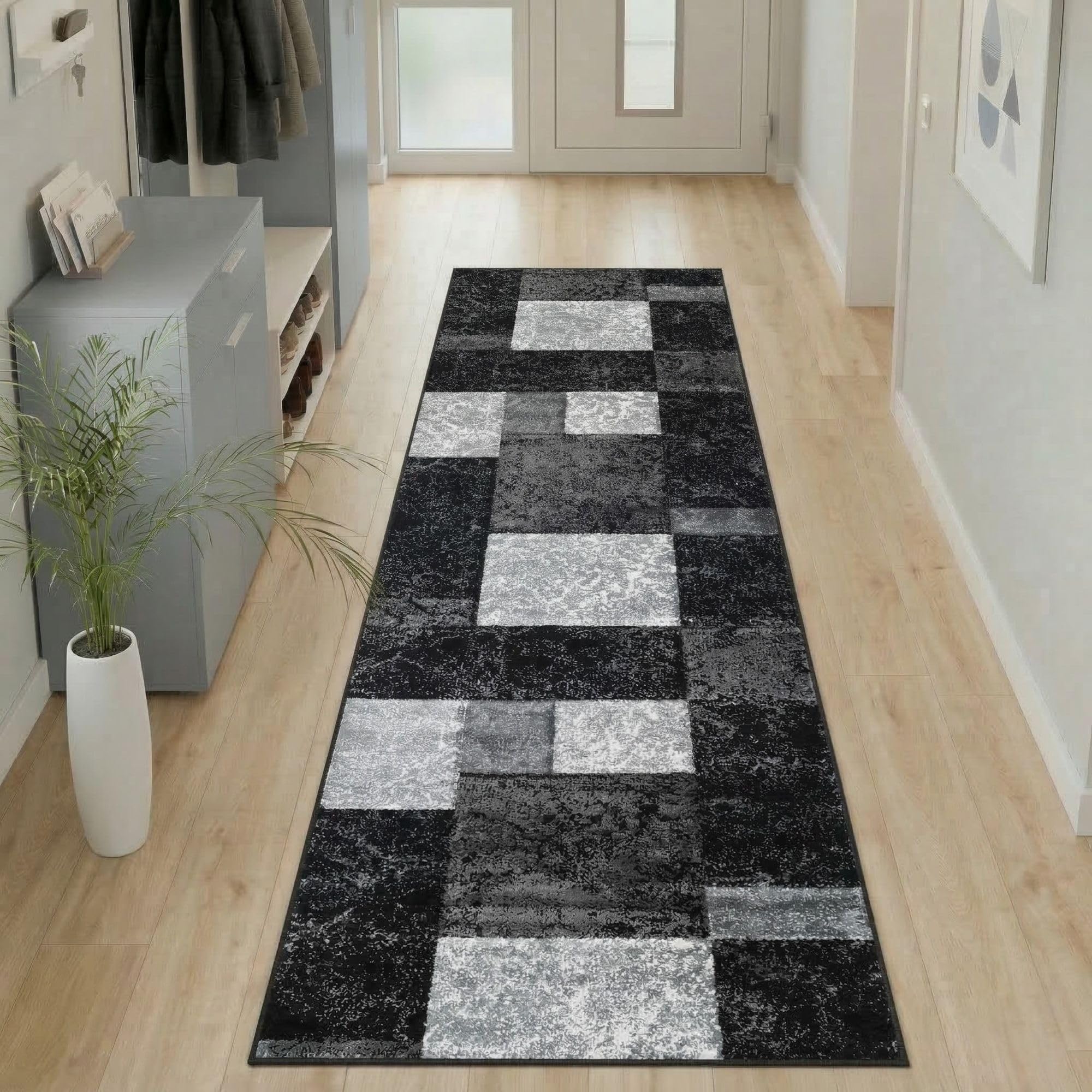 Carpetsale24 Teppich Kurzflor Konturenschnitt in Schwarz Grau Weiß - Kariertes Design, Extra Weich, Waschbar, Pflegeleicht - Für Wohnzimmer, Schlafzimmer, Esszimmer