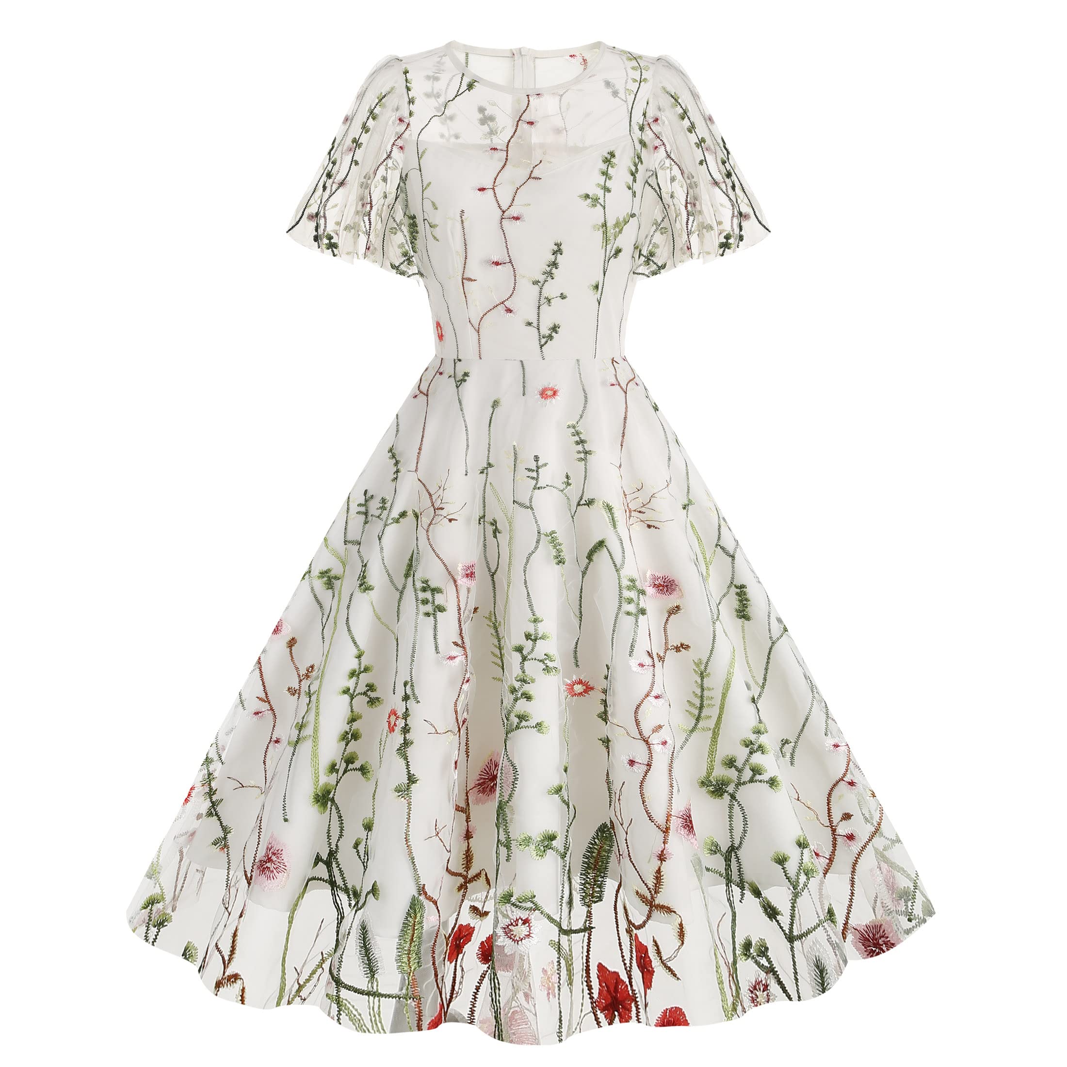 Wellwits Vestido vintage formal de malla con bordado floral para mujer