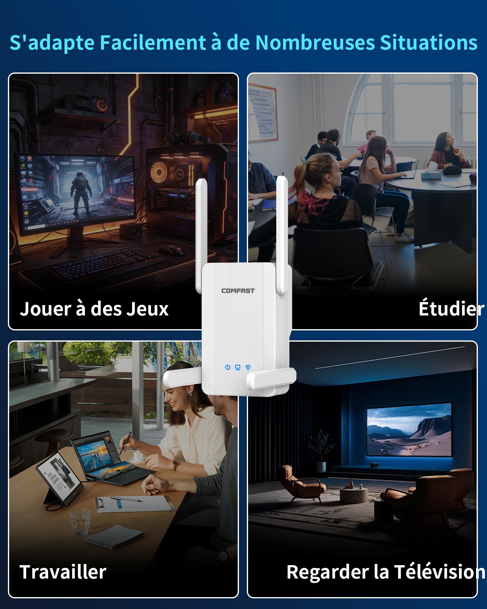 COMFAST AX2700 Répéteur WiFi Puissant, Repeteur WiFi 6 Double Bande avec Port Gigabit, 4 Antennes Haut Gain, Couverture 360°, WPA3, Amplificateur WiFi Compatible avec Toutes Les Box Internet