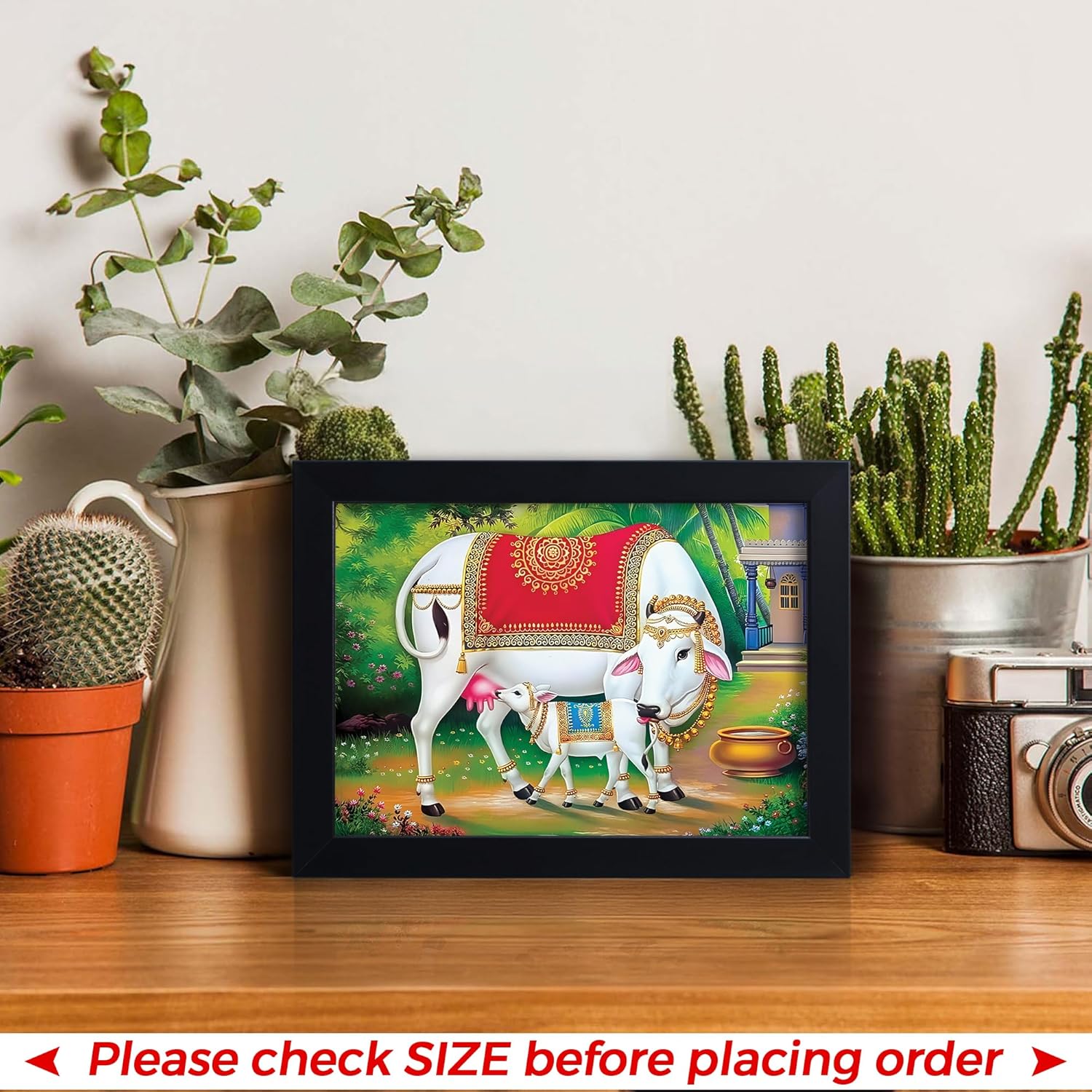 PICTURE CREATIONS Kamdhenu Cow Photo Frames - Kamdhenu Cow with Calf Photo for Vastu Prosperity, Wall, Office, Home and Living Room (Design 01, 6x8 Inches)