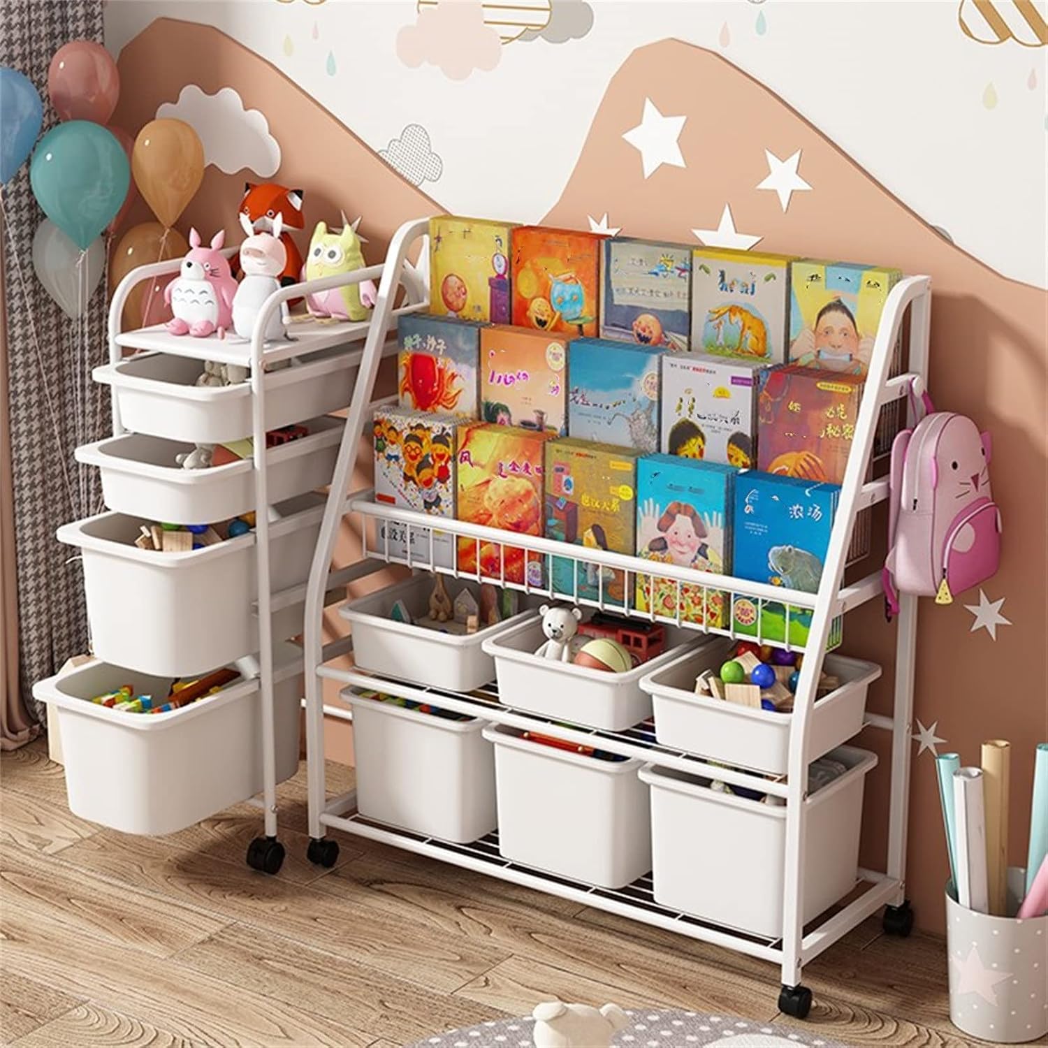 おもちゃ収納 絵本棚・ワイドサイズ・キャスター付き(ホワイト/ピンク