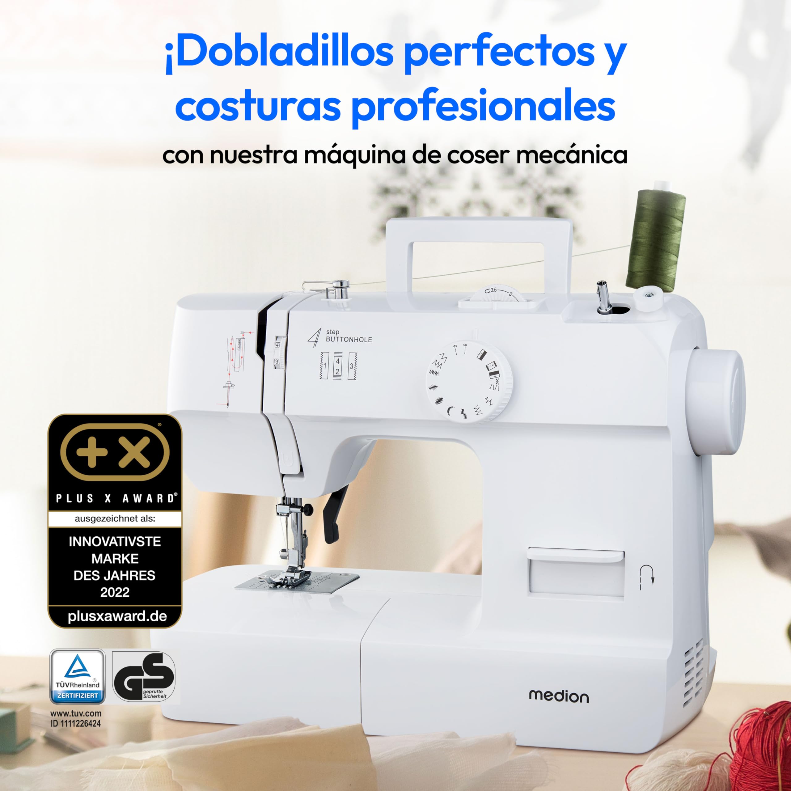 Máquina de coser MEDION SM70 (70 vatios, 12 patrones de puntada diferentes, luz de costura LED, longitud de puntada ajustable, botón de marcha atrás, cortador de hilo, MD11179) blanca | Luz LED de costura, longitud de puntada ajustable, botón de retroceso
