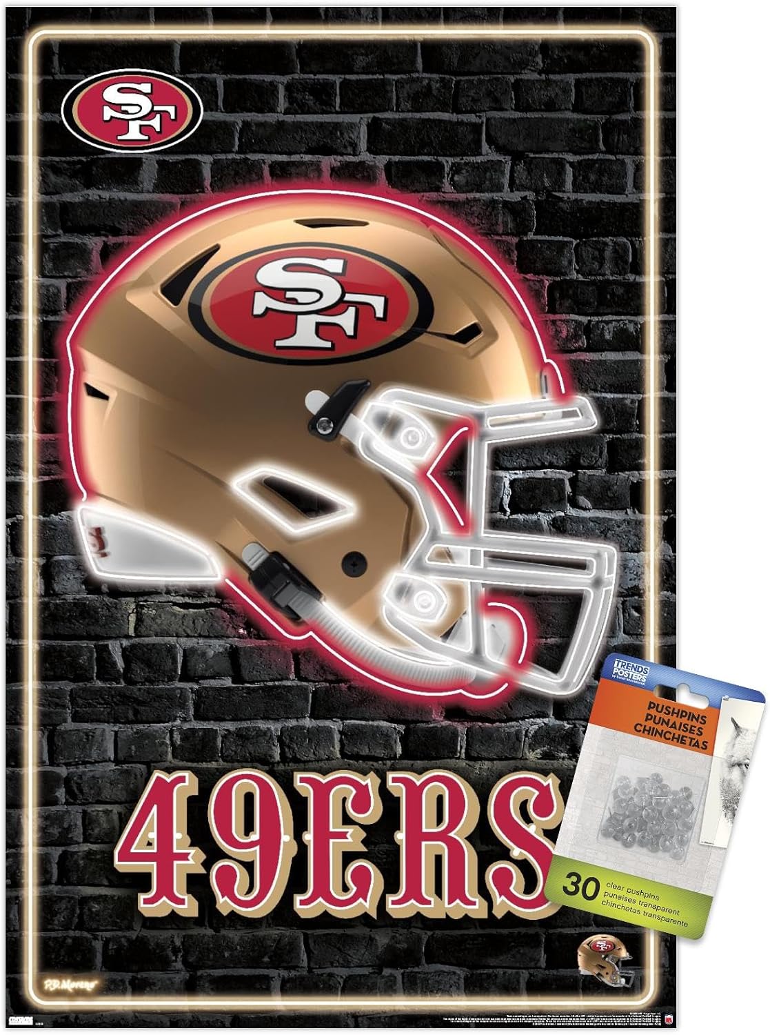 Trends International NFL San Francisco 49ers - Neon Helmet 23 Wall Poster, 14.72" x 22.37", Premium Poster & Push Pin Bundle