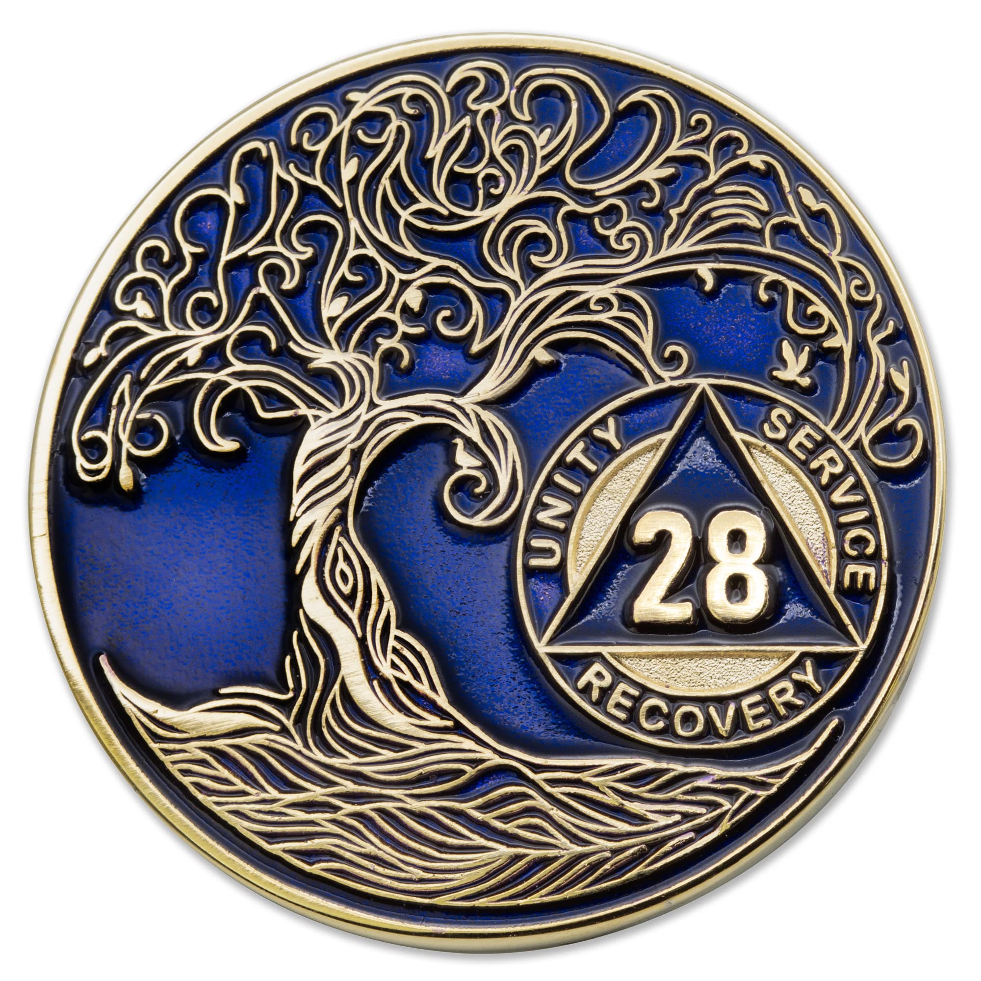 1 to 50 Year Twisted Tree of Life Sobriety Coin - Gold Plated AA Chips &amp; Medallions - 28 Year Sobriety Coin - Translucent Blue