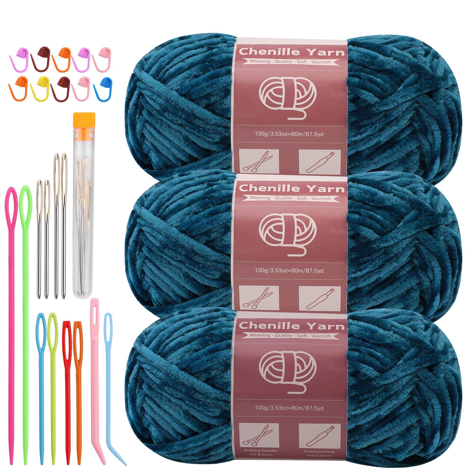 LUNARM Chenille Yarn 3 Pack 3.5oz Chunky Blanket Velvet Yarn 263 Yard | Marine Green Chunky Chenille Yarn for Beginners Crocheting Hand Knitting Scarves with Big Eye Needles Machine Washable