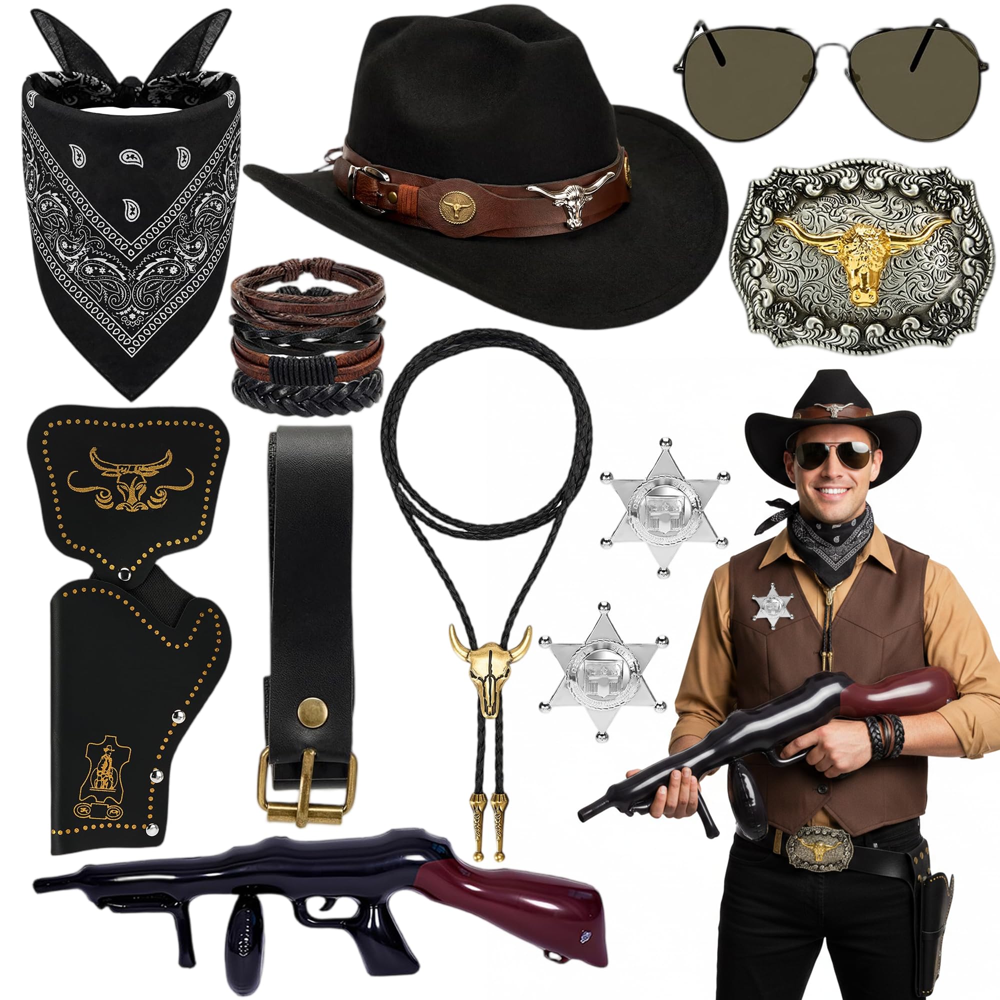 Fictoria Western Cowboy Costume Accessories - 11Pcs Wild West Kit with Hat Bandana Holster Belt Glasses Badge Inflatable Gun Prop, Men Women Kids Fancy Dress for Cosplay Party (Black)