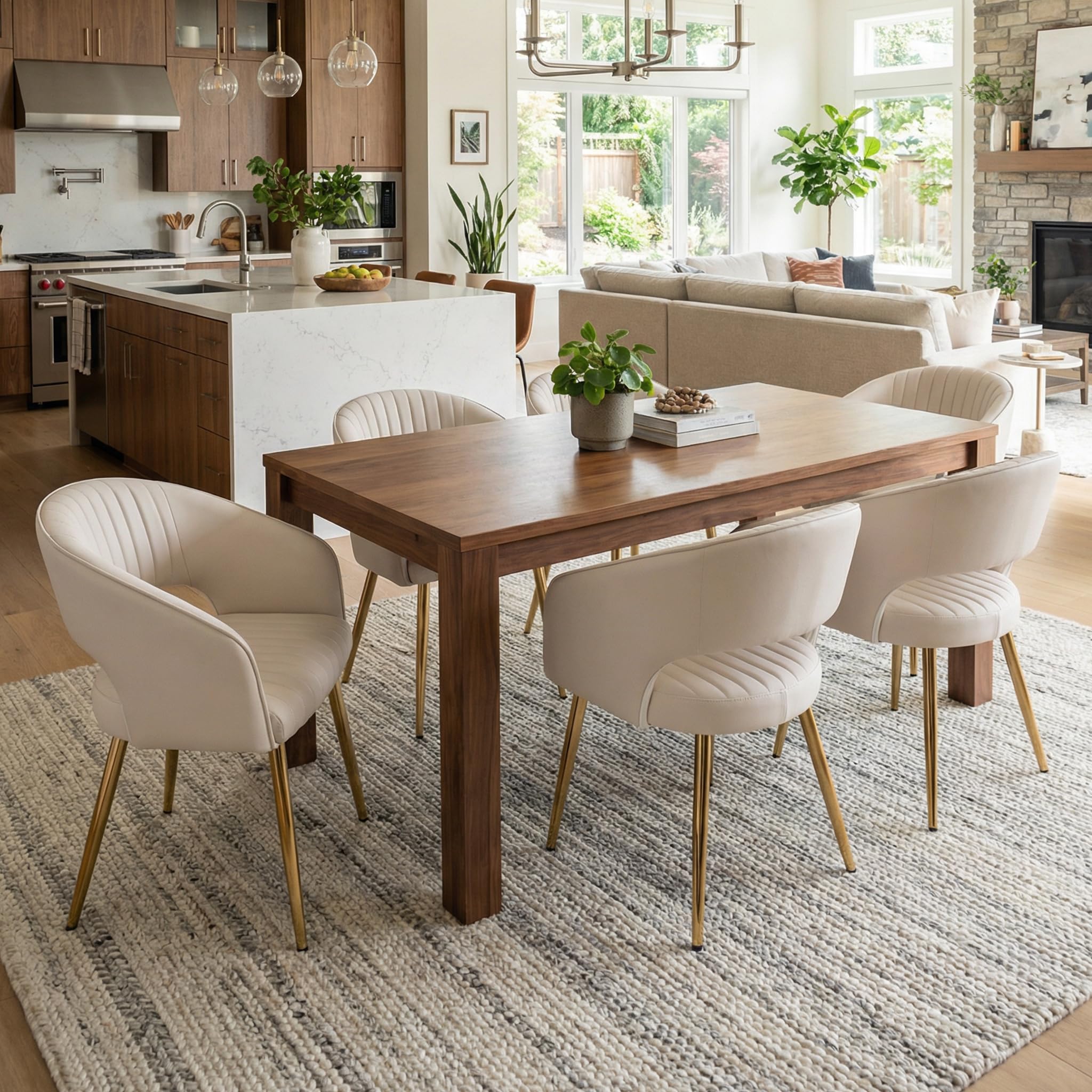 COMULER Faux Leather Dining Chairs Gold Legs, Modern Cream PU Leather Dining Room Chairs with Arms Set of 6 Upholstered Accent Chair Armchair with