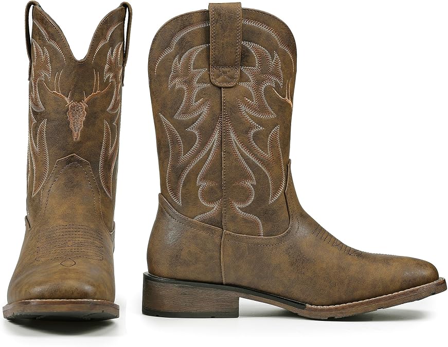 Cowboy Boots for Men Square Toe Western Boots Retro Classic Embroidered Pull On Boot