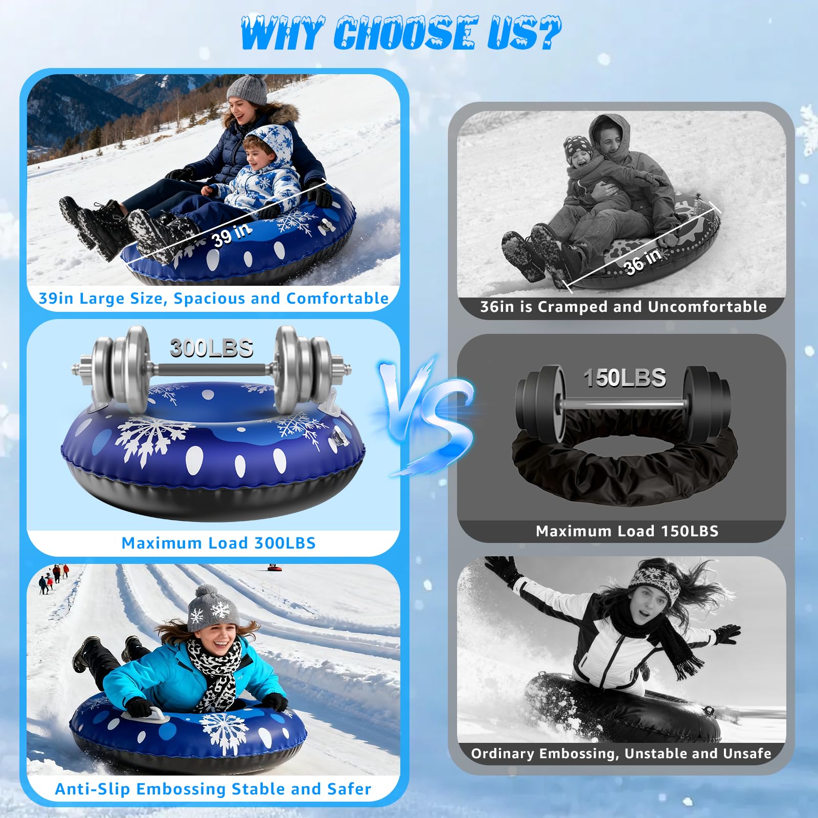 39'' Snow Tube Sled, 3Pack for The Whole Family Inflatable Snow Sled for Kids and Adult, Thickened Heavy Duty Sleds for Snow with Handles, Outdoor Winter Snow Toys for Boys Girls Tubing Sled Gift Set