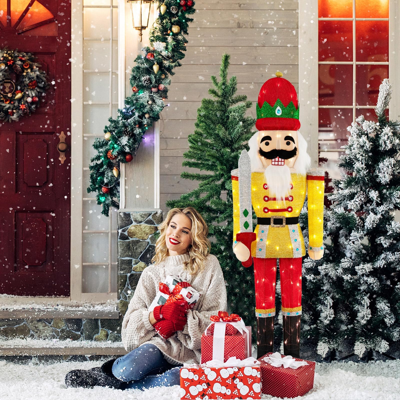 COSTWAY Weihnachten Nussknacker Figur groß, beleuchtete Weihnachtsdeko XXL, 166 cm Weihnachtsfigur mit LED-Lichtern, Weihnachtsdekoration, Weihnachtsbeleuchtung für außen und innen