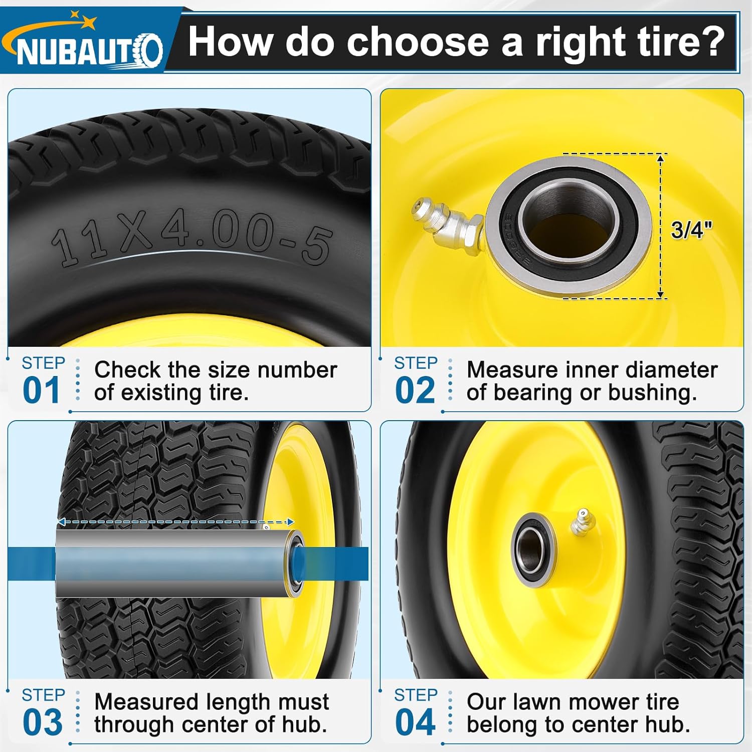 2 PCS 11x4.00-5 Flat Free Lawn Mower Tires, Zero Turn Lawn Mower Replacement Tires,11x4-5 Solid Tires and Wheel with Rims,3.4"-3.84"-4.72"-5.6" Centered Hub and 3/4" & 5/8" & 1/2" Precision Bearings