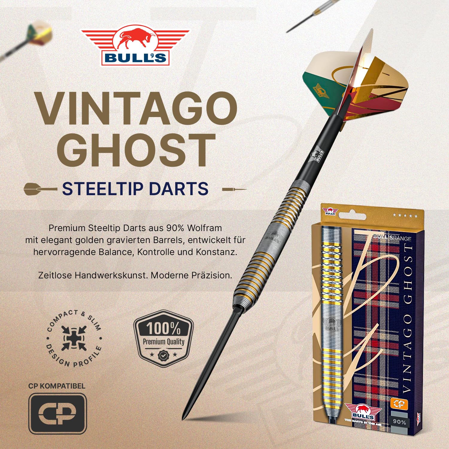 Bull's Vintago Ghost 90% Tungsten Steeldarts - Dartpfeile Metallspitze mit Micro, Ring und Delta Grip für konstante Kontrolle - CP Point System, Tropfenform, 21g/23g/24g/28g, 3er Darts Set