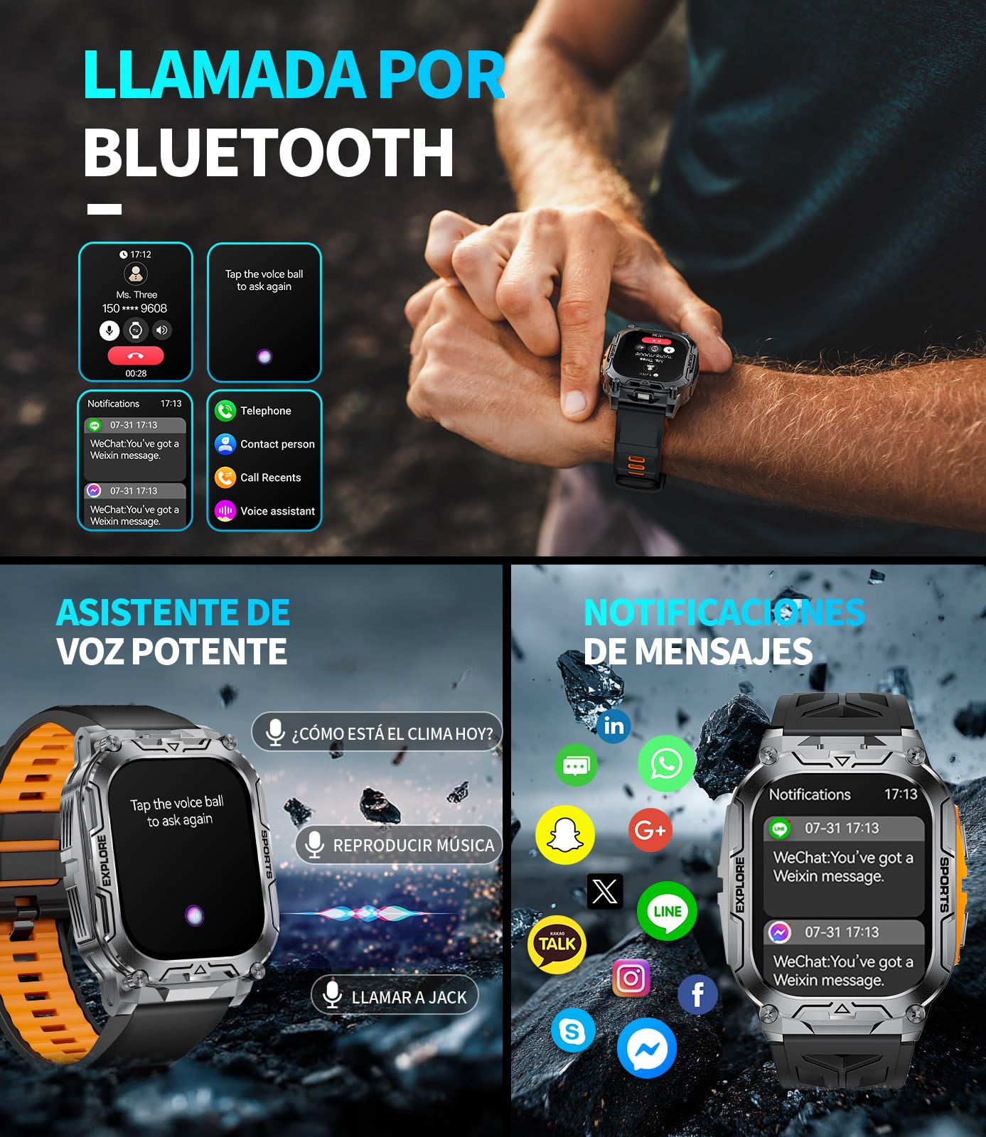 Reloj Inteligente Hombre Llamada Bluetooth, 2.01" Militar Smartwatch con 1000 mAh/Llamada Bluetooth/LED Linterna, 110+ Modos Deportivos, Pulsómetro/Monitor de Sueño, IP68 Reloj, Android iOS,BWTX12-E