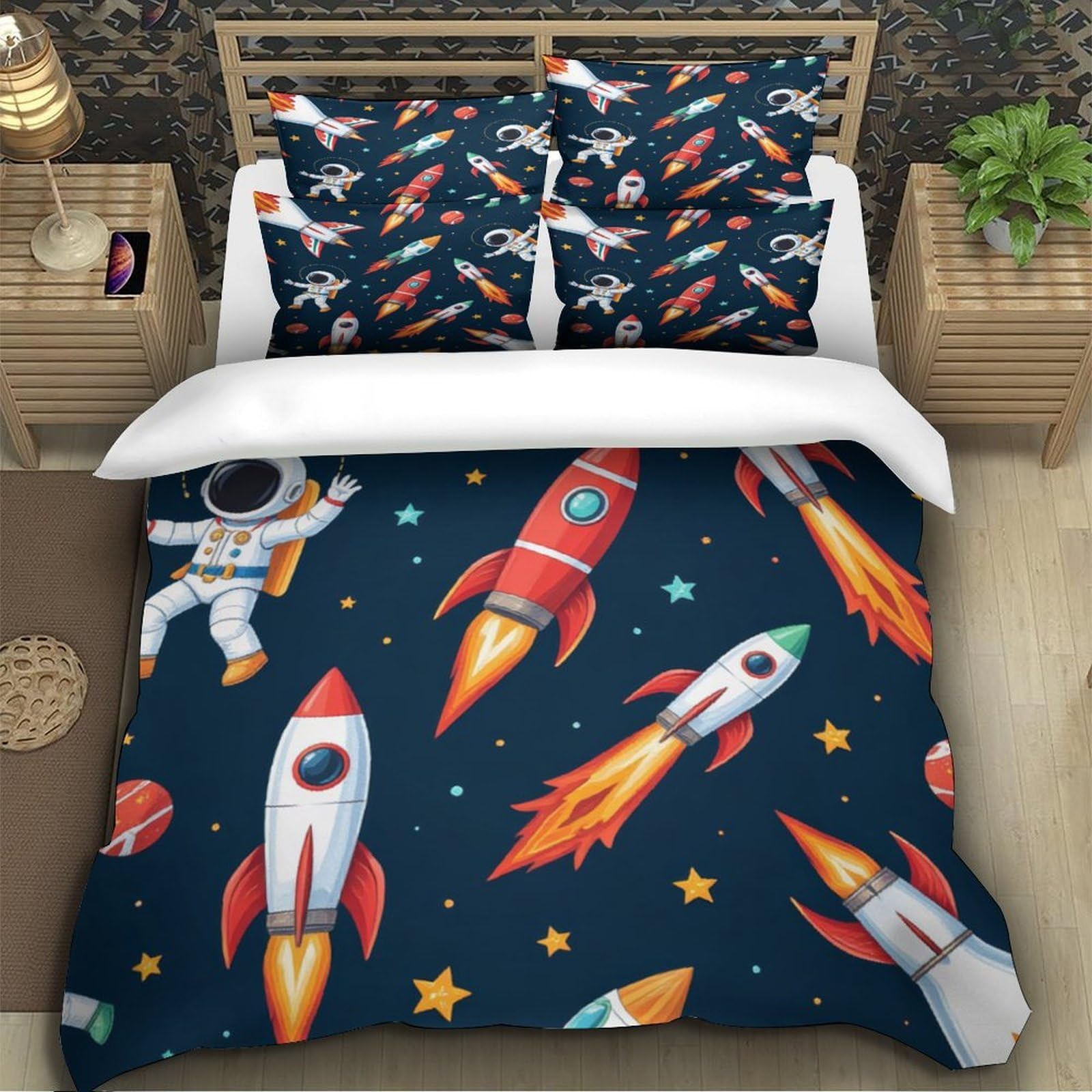 Cohetes espaciales 3D Impresión Funda de edredón 3pz Microfibra antidesvanecimiento Tema Espacial de Dibujos Animados Edredón Funda 2 Fundas hipoalergénica Adolescentes Adultos jóvenes