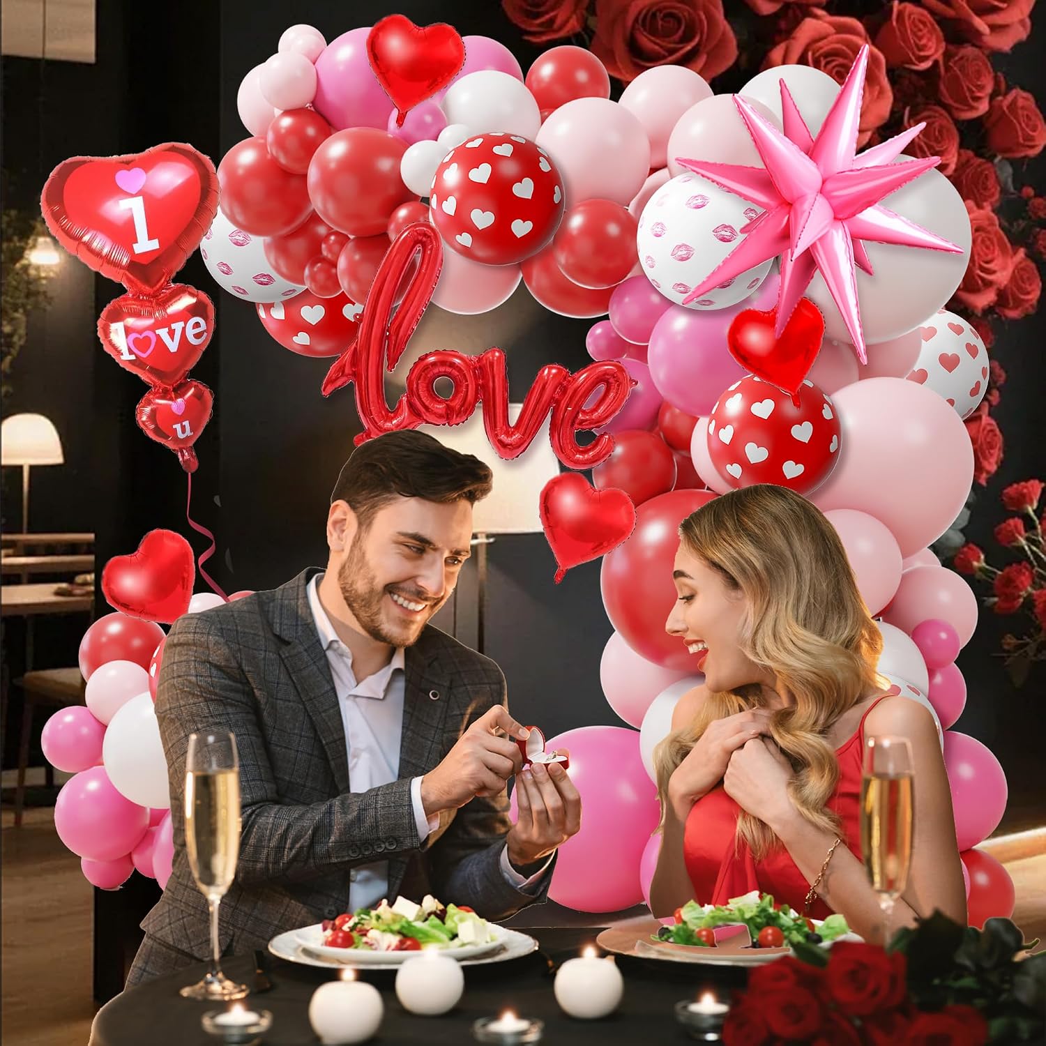 Valentine's Day Balloon Arch Kit, 220Pcs Valentines Day Decorations with Red Pink White Heart Lip Print Balloons & "I Love You" Love Heart Aluminum Balloons for Valentine Party Wedding Anniversary