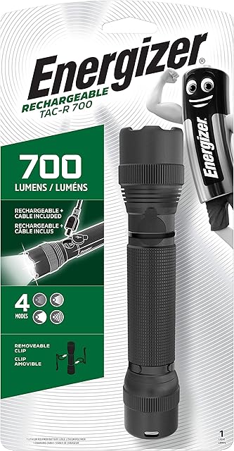 Energizer TAC-R-700 Rechargeable Tactical Torch, Bright and Compact, Durable and Water Resistant, 700 Lumens, USB Charging Cable Included