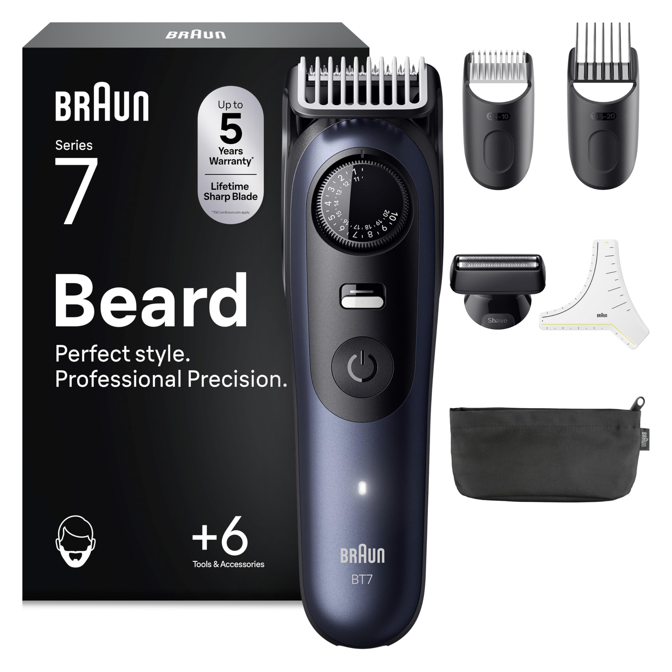 Braun Barttrimmer Series 7, Elektrischer Bartschneider Herren mit 6 Zubehörteile, Ultrascharfe ProBlade Klinge, 120 Min Akkulaufzeit, Kabelloser Bartrasierer, 40 Längen, Wasserdicht, BT7520, Blau