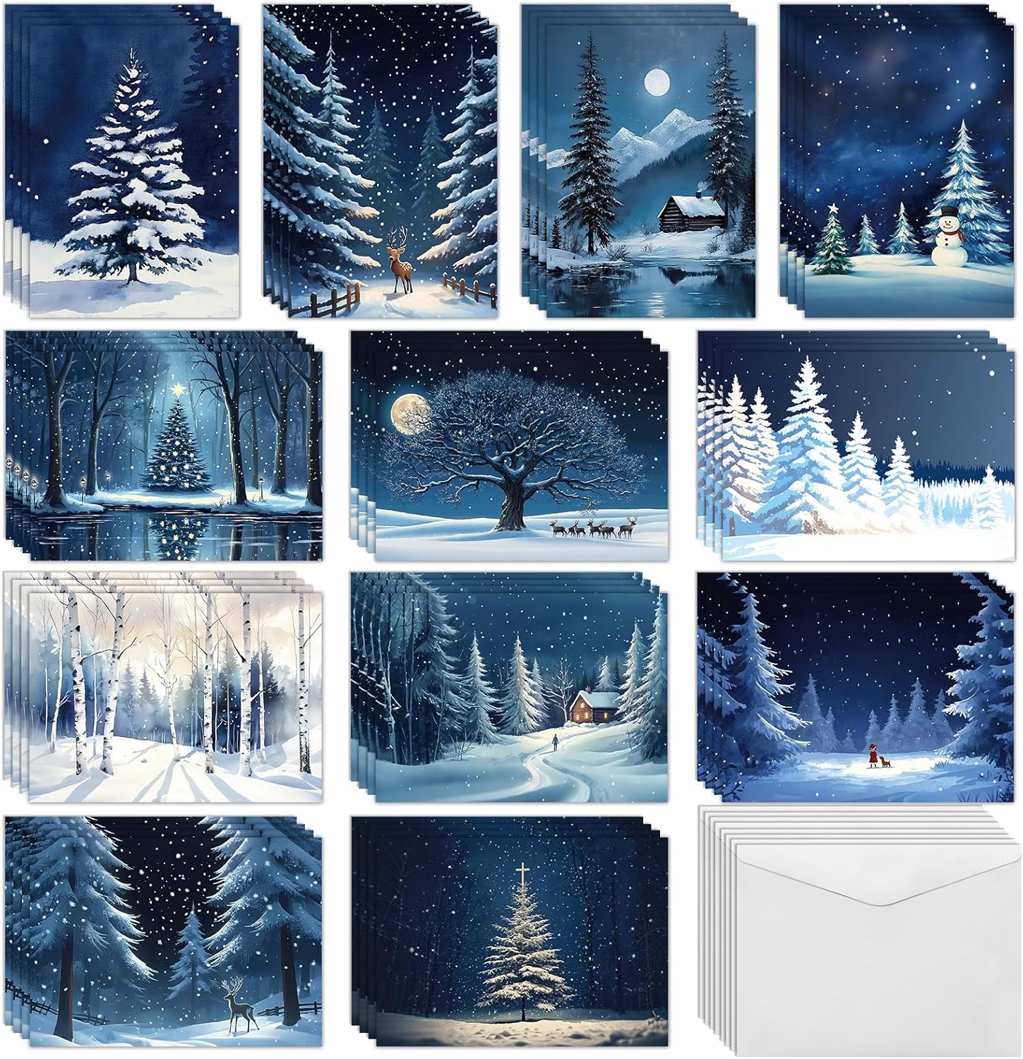 48 Pack Winter Forest Xmas Cards with Envelopes Christmas Tree Winter Forest Holiday Cards Xmas Moonlight Greeting Card Silent Night Blank Card for Adults Friends Family Birthday Christmas Gift