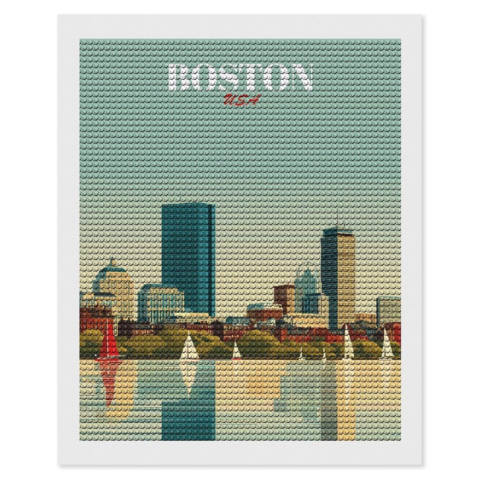 Junmoney Boston USA Skyline Art DIY Diamond Art Canvas Kit 16"x20", Simple to Start, Fun Craft Experience, Modern Decor, Gift Idea, Adhesive Canvas