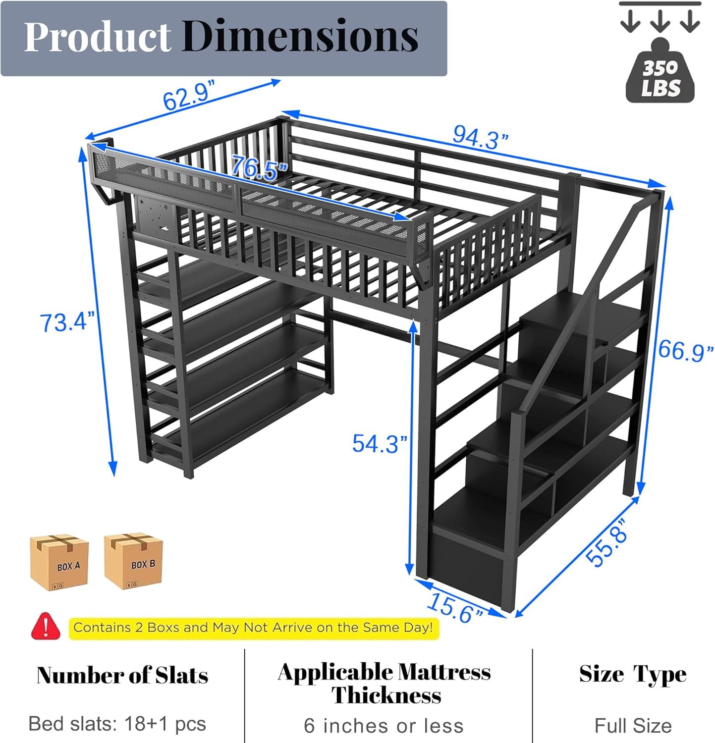 Full Size Loft Bed with Stairs and Storage Rack, Metal Gaming Loft Beds with LED and Charging Station, High Loft Bed with Upper Shelf & Tall Guardrails for Kids Teens, Adults, Black
