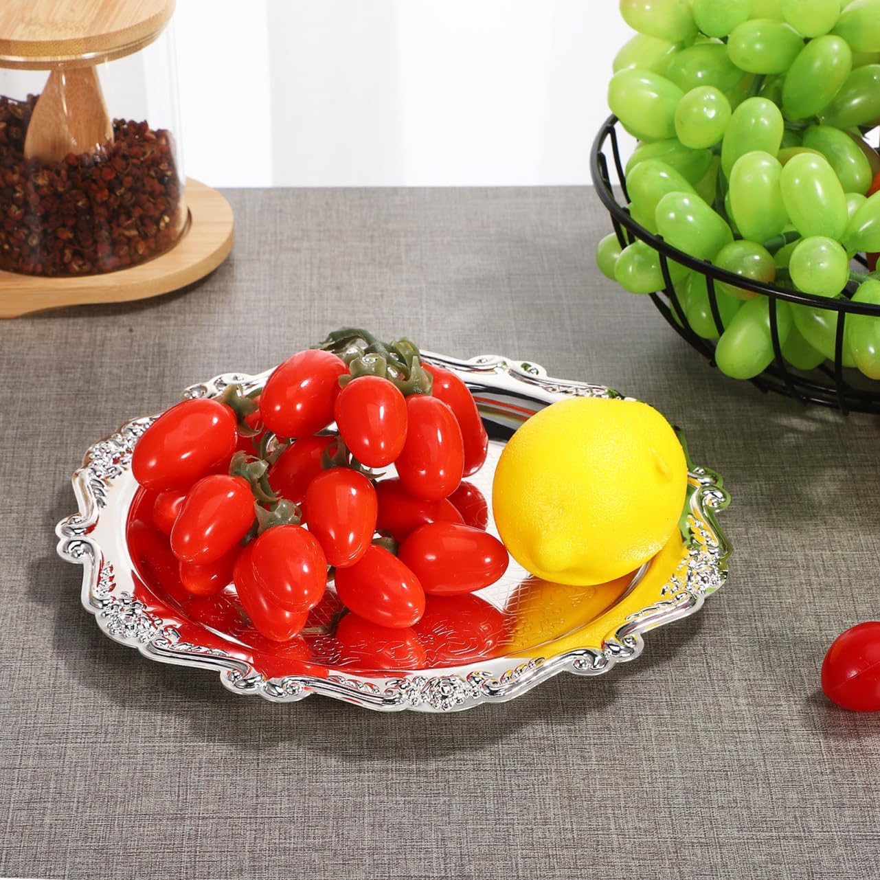 Kichvoe Round Platter Serving Tray Decorative Plate Metal Ottoman Dish Coffee Table Perfume Tray Dessert Plate Jewelry Storage Organizer for Kitchen Bathroom Silver- 7.86Inch