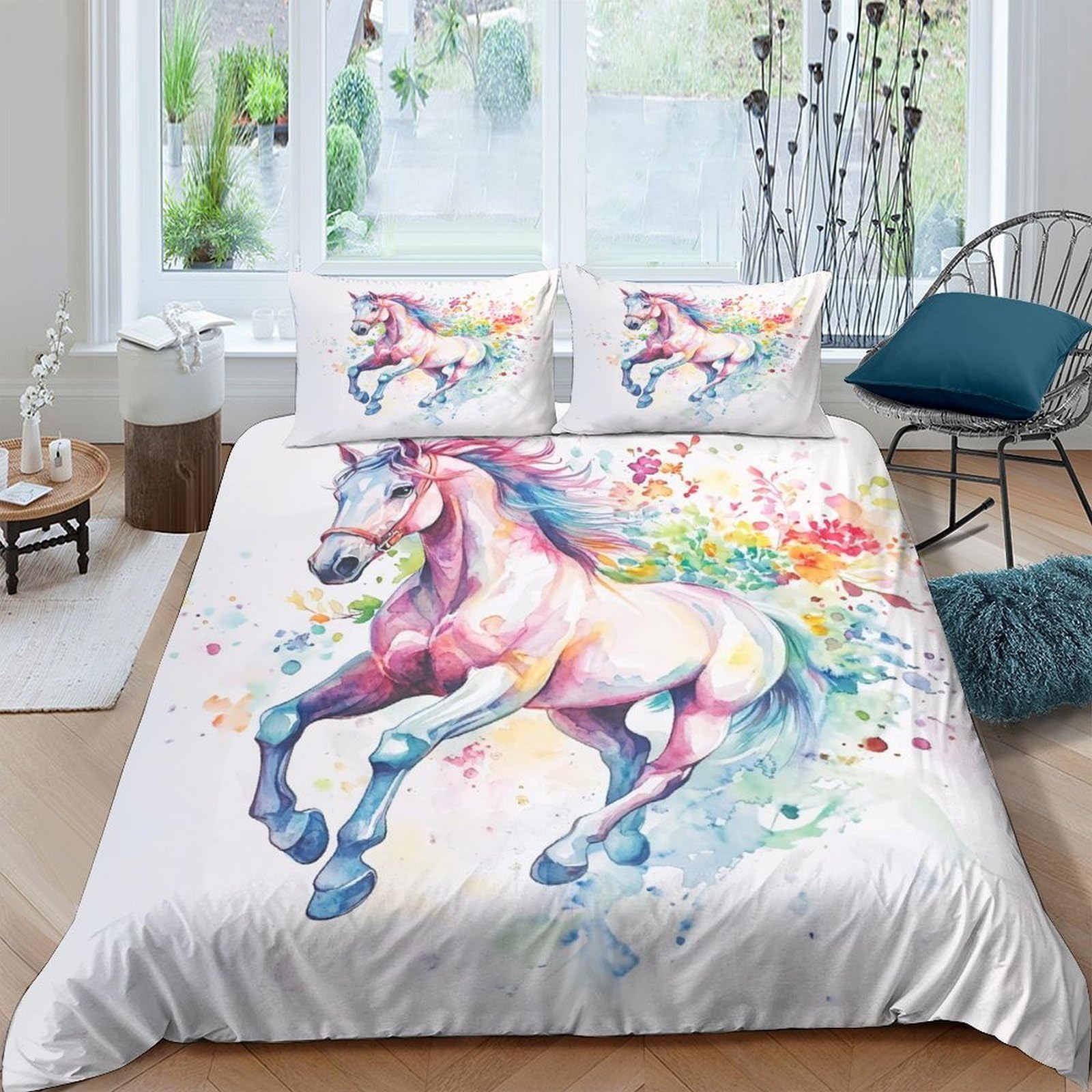 Ctjqhvkz Style-7 3D Printed Watercolor Unicorn Fitted Sheet Microfiber Non-Slip Mattress Cover Rainbow Horse Art Bedroom Decor Single（135X200cm）