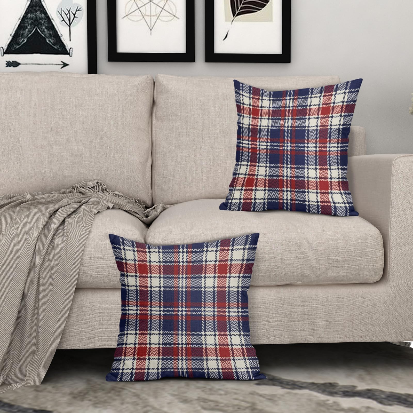4th of July Patriotic Blue Red Plaid Pillow Covers 18x18 Set of 2 Fourth July Independence Print Decorative Outdoor Pillowcases Memorial Day Holiday Farmhouse Throw Cushion Case Couch Sofa Bed Decor 2