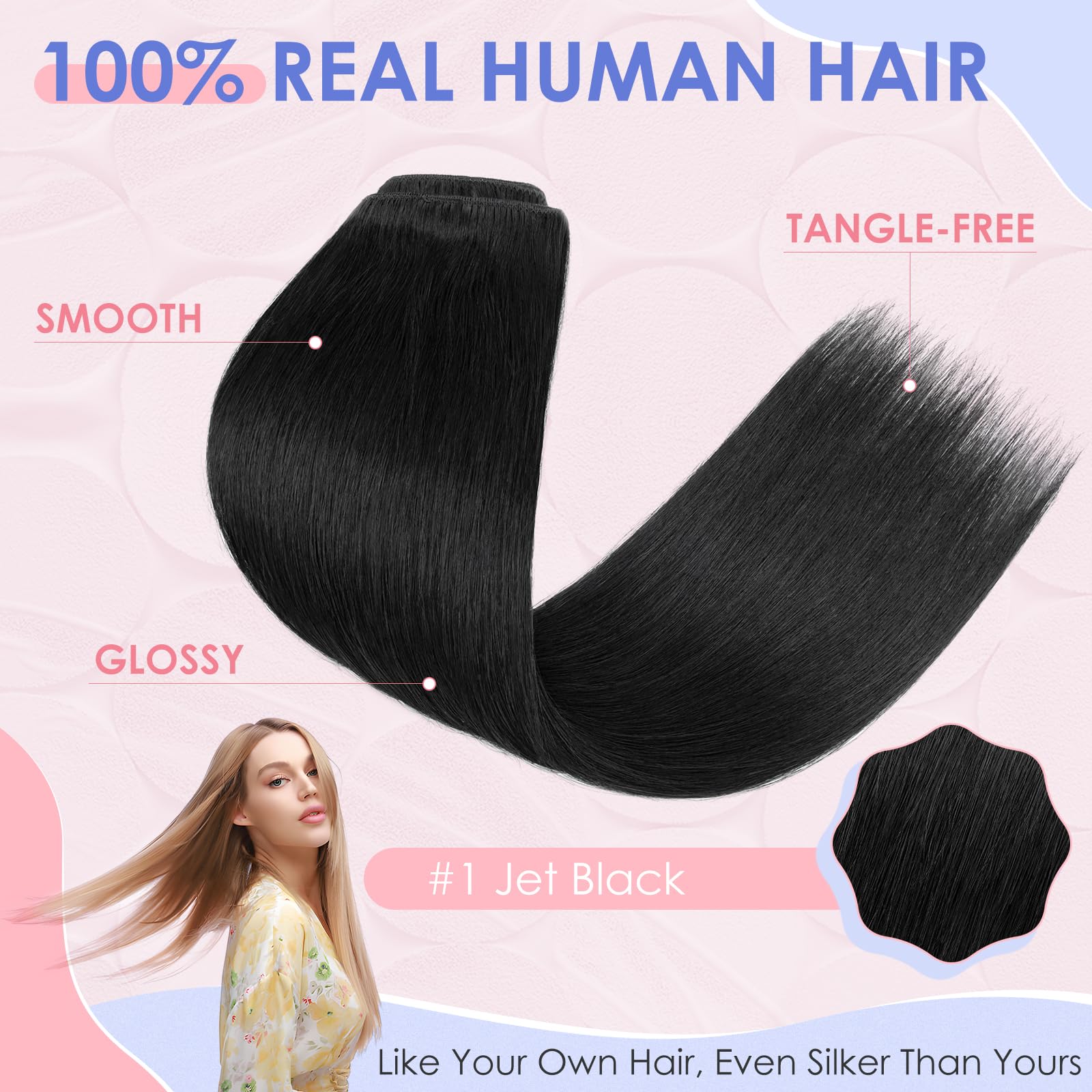 Elailite Clip in Hair Extensions Real Human Hair Black Remy Natural Hair Extension 8 Pcs Standard Weft (#1 Jet Black, 22 Inch-110g) - Image 4