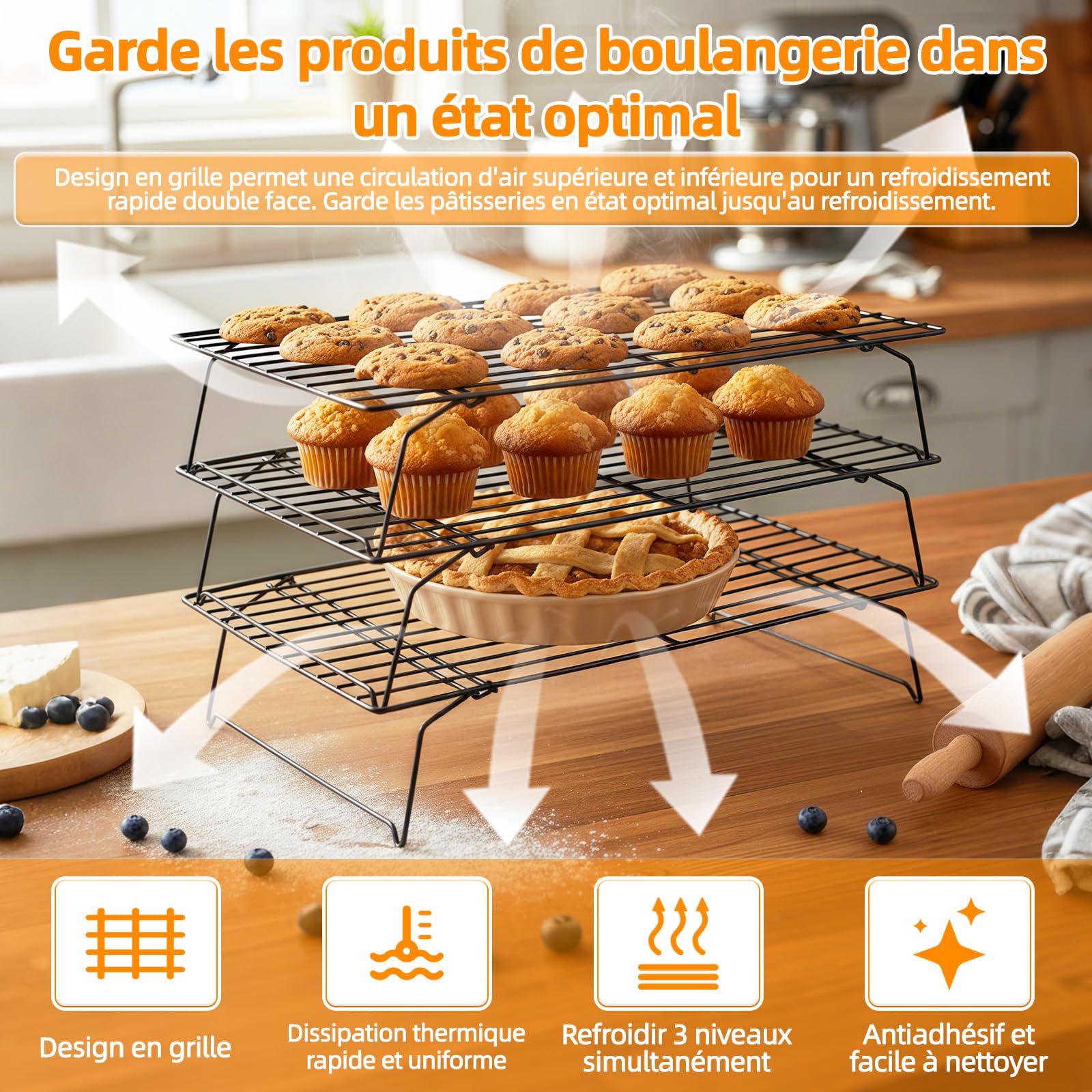 Grille de Refroidissement Pâtisserie Acier Carbone Antiadhésive 40x25 cm Pliable Empilable 3 Niveaux
