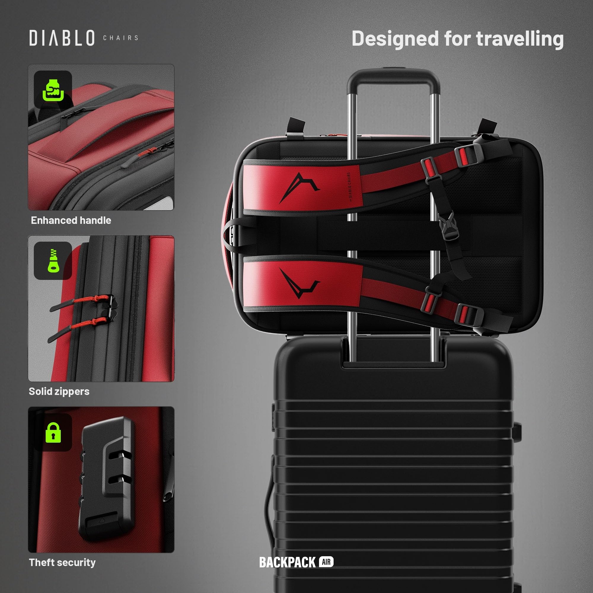 Diablo Chairs Plecak Próżniowy Backpack Air Wodoodporny Plecak Podróżny z Komorą Próżniową Rozszerzającą Pojemność Antywłamaniowy Zamek Kieszeń na Laptopa 32x52x18 cm Czerwony