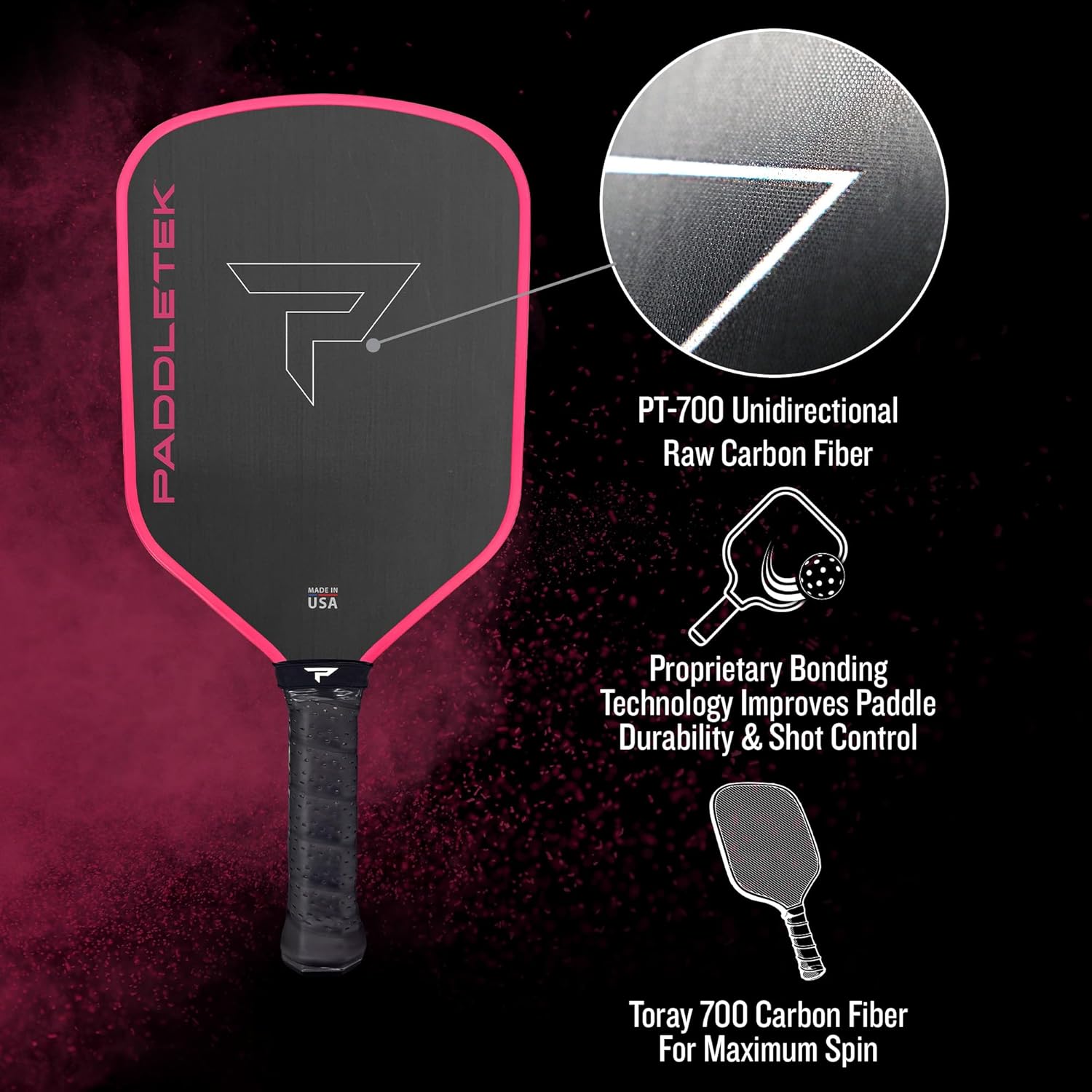 Paddletek Bantam GTO-C 12.7mm Hybrid Pickleball Paddle – Raw Carbon Fiber Face – Aerodynamic Tapered Shape – Polymer Core – 16.25" x 7.75" – 5.5” Handle – UPA-A & PBCoR .43 Certified – Made in USA