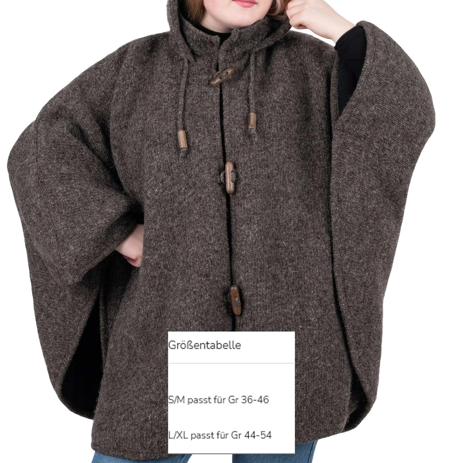 Kunst und Magie Strick Poncho mit Kapuze Umhang Cape Strickjacke Wolle Jacke Winter Mantel Damen