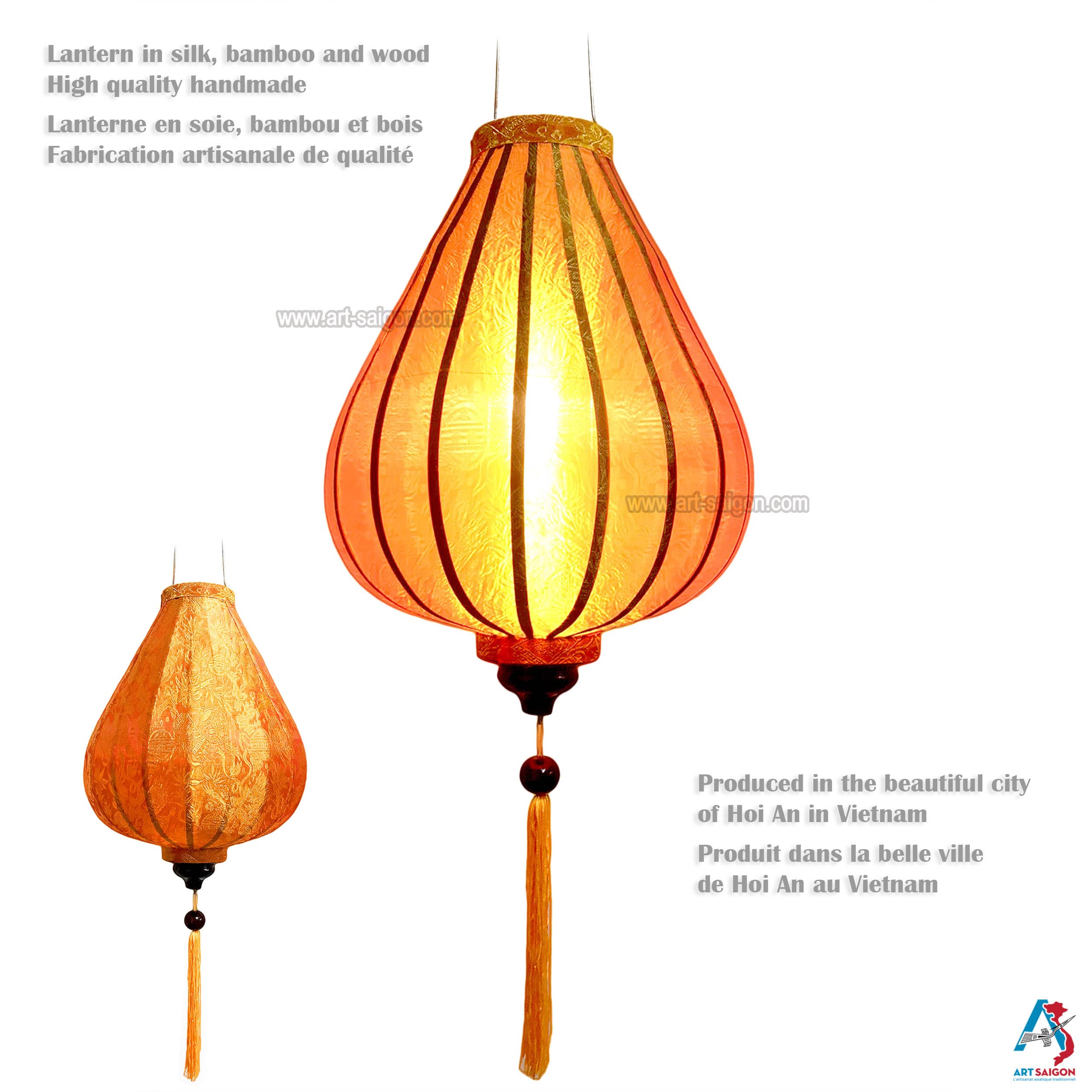 Lampion Asiatique en Soie Orange G - Ø33cm - Lanterne de Hoi an en Tissu, Bambou et Bois - Décoration d'Asie et Artisanat du Vietnam (Réf. G25-O), (G25-Orange)