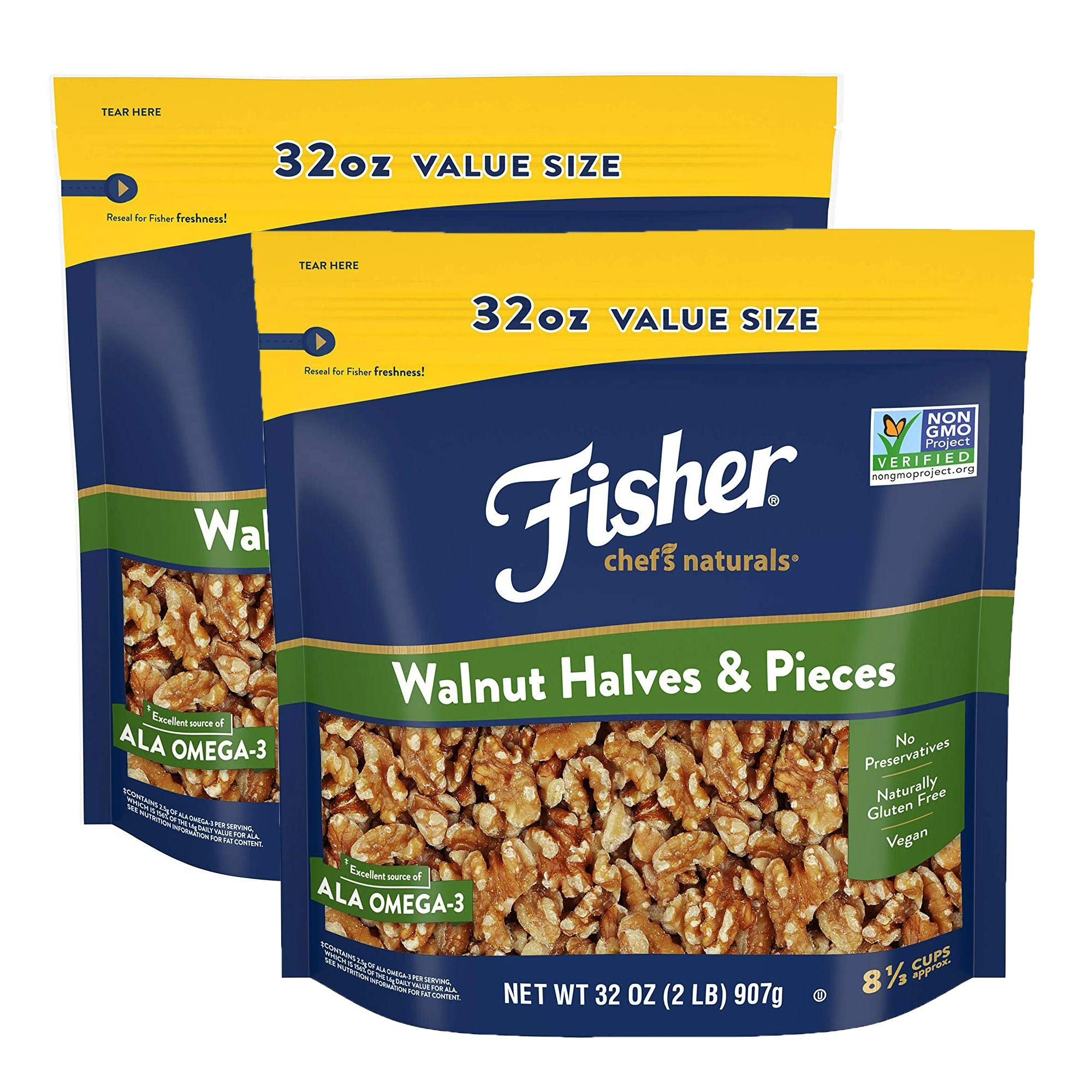 Fisher Chef's Naturals Walnut Halves & Pieces, 32 oz, Naturally Gluten Free, No Preservatives, Non-GMO (2 Pack)