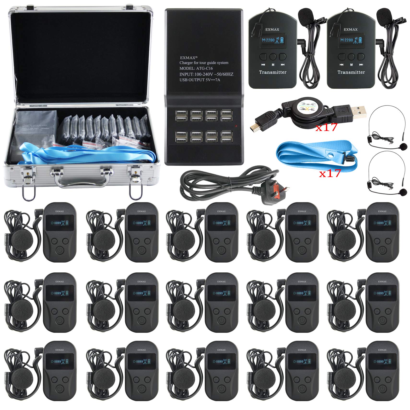 EXMAX EXD-101 2.4GHz Wireless Tour Guide System for High-Level Exhibition, Civic Meeting, VIPs Reception,Walking Tour - 2 Transmitters 15 Receivers & 16-port Multi-charger with Silver Storage Case