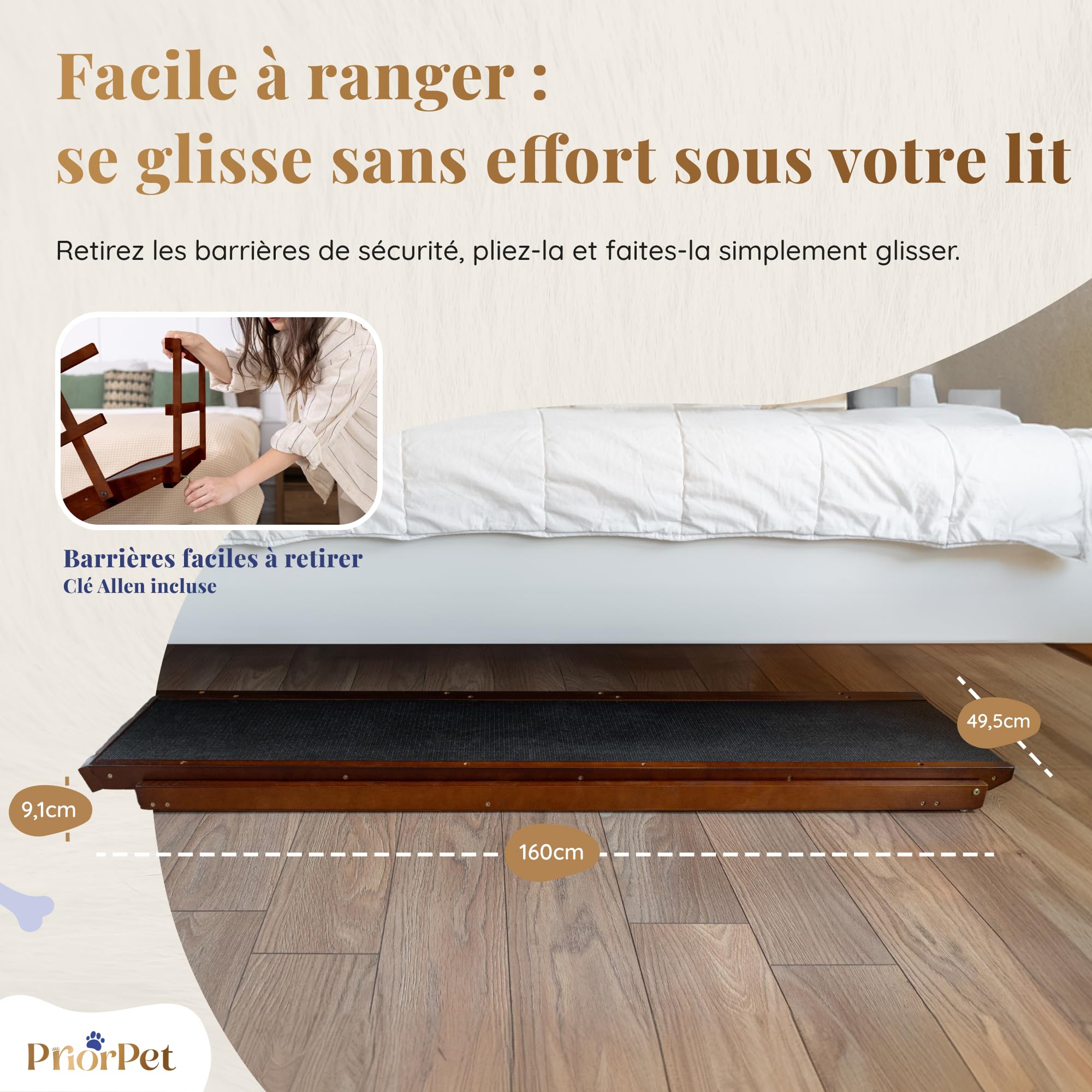 Rampe pour Chien Grande Taille pour Lit avec Barrières de Sécurité – pour Lit Haut jusqu'à 94,5 cm – Capacité jusqu'à 90 kg – Rampe de lit pour Chien Pliable, Antidérapante – Bois de Bouleau – Noix