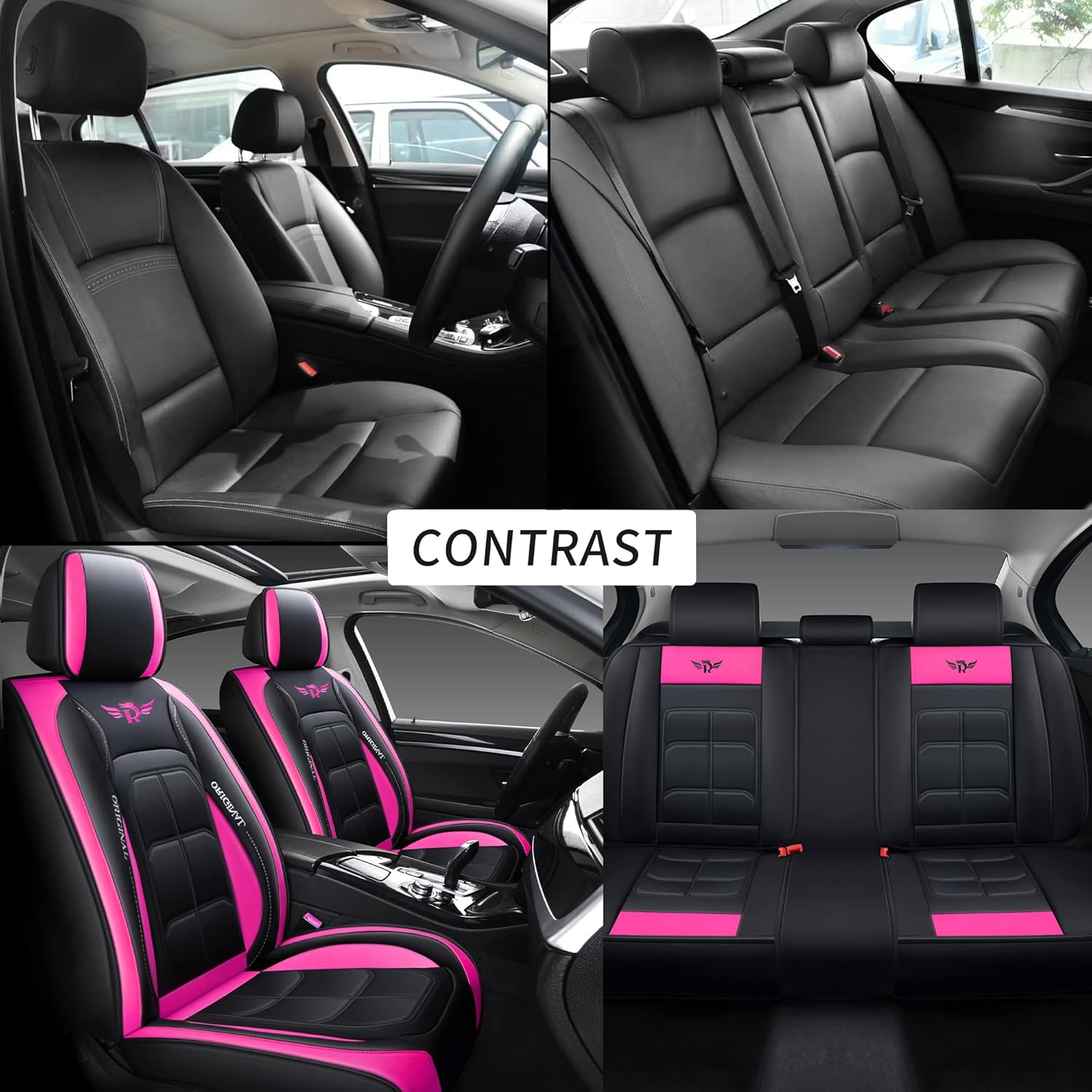 Universal Fit Car Seat Covers Full Set, Leather Automotive Seat Protectors for 5 Seats, Airbag Compatible, Premium Quality Seat Cover Accessories (Black-Rose)